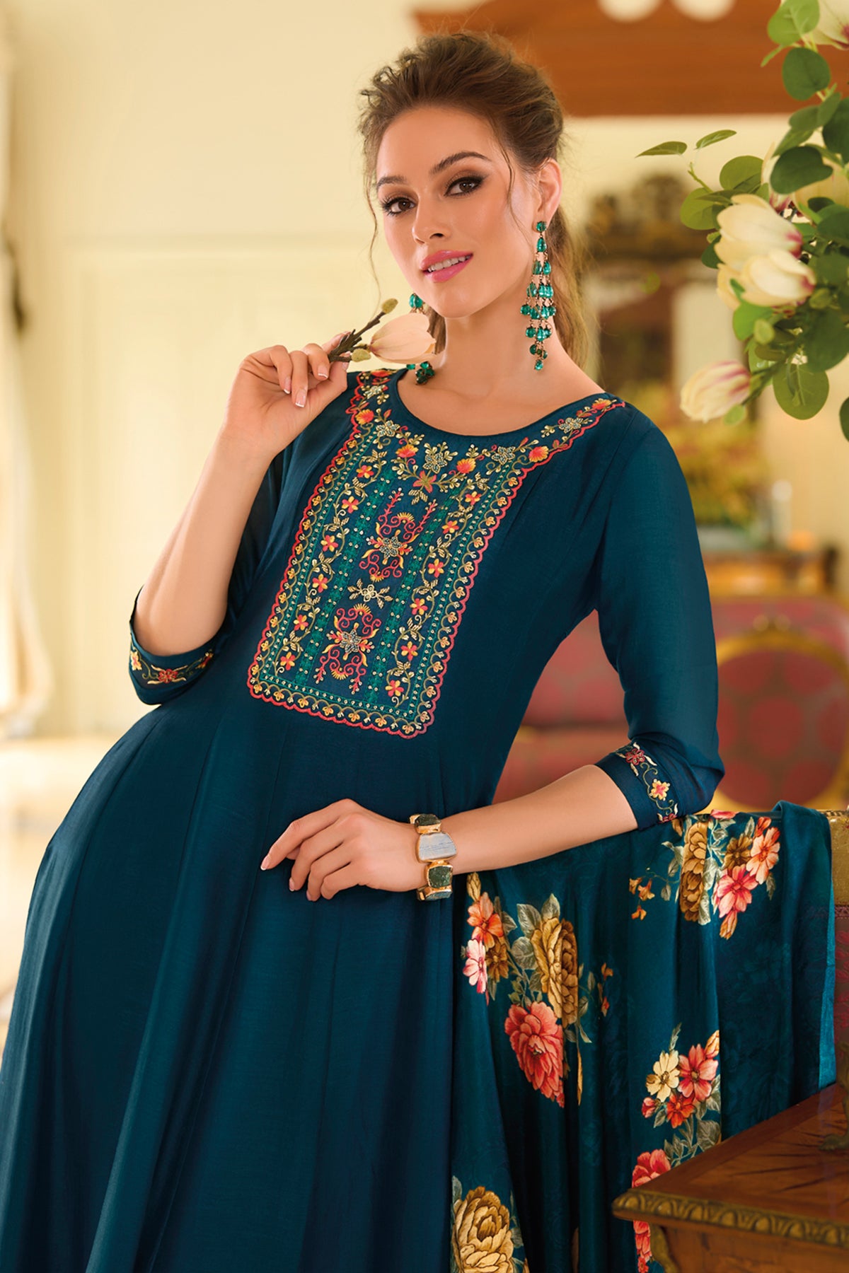 Teal Silk Floral Yoke Kurta Set