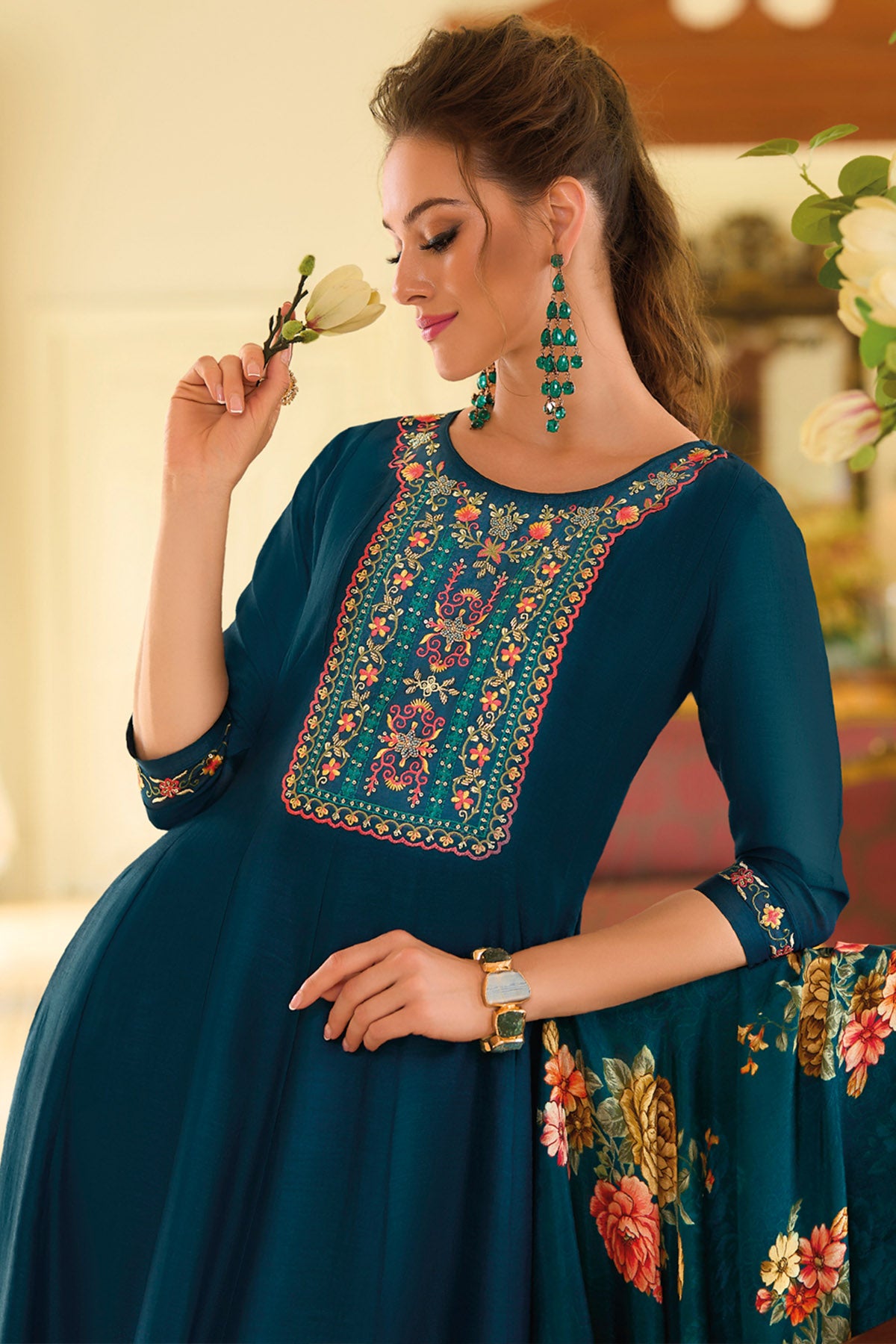 Teal Silk Floral Yoke Kurta Set