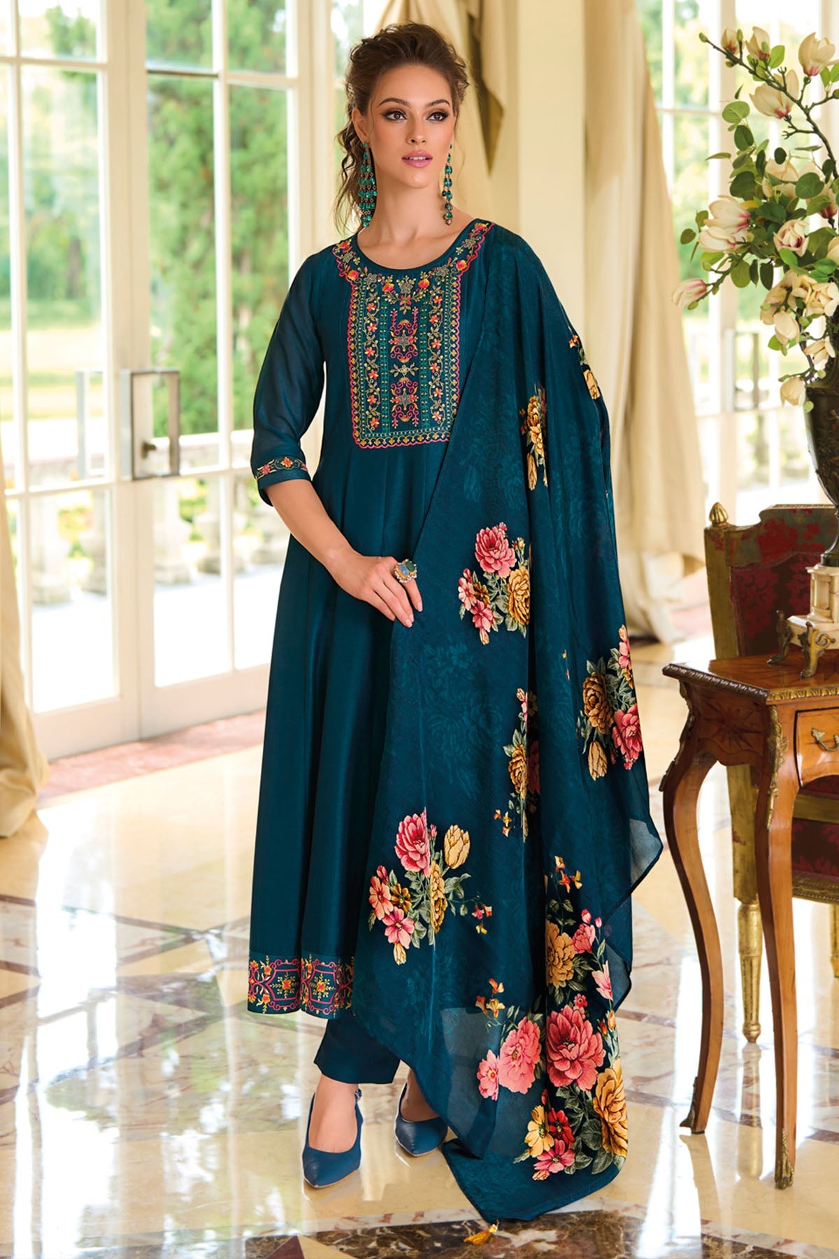 Buy Teal Silk Floral Yoke Kurta Set for women by Aastha Fashion online available at scrollnshops