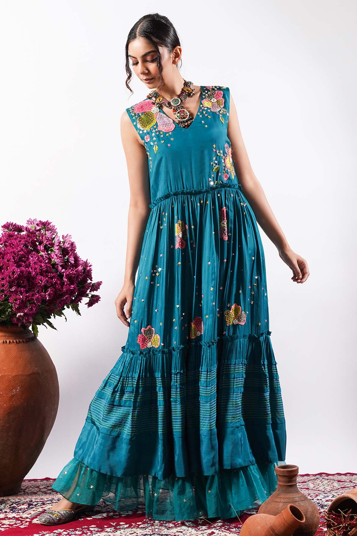 Seharre Teal Silk & Organza Maxi Dress for women online at ScrollnShops