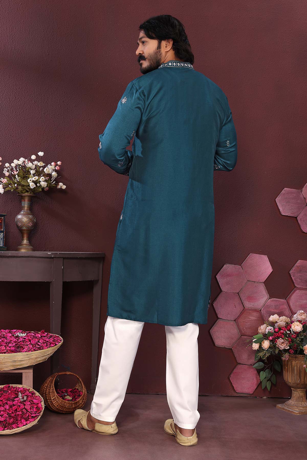 Teal Silk Sequins Kurta & Pants