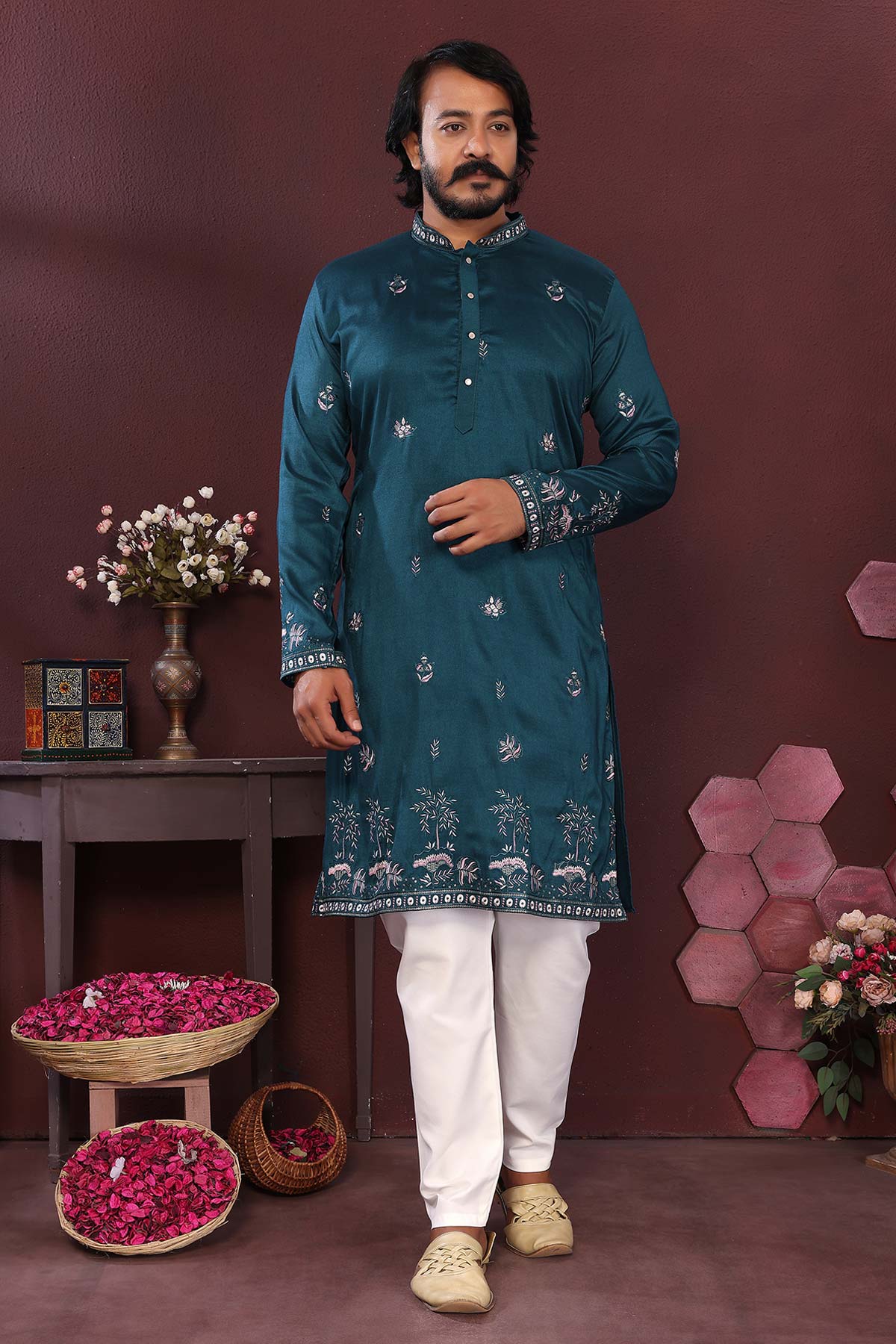 Buy Teal Silk Sequins Kurta & Pants for men by Jyoti Fashion online available at scrollnshops