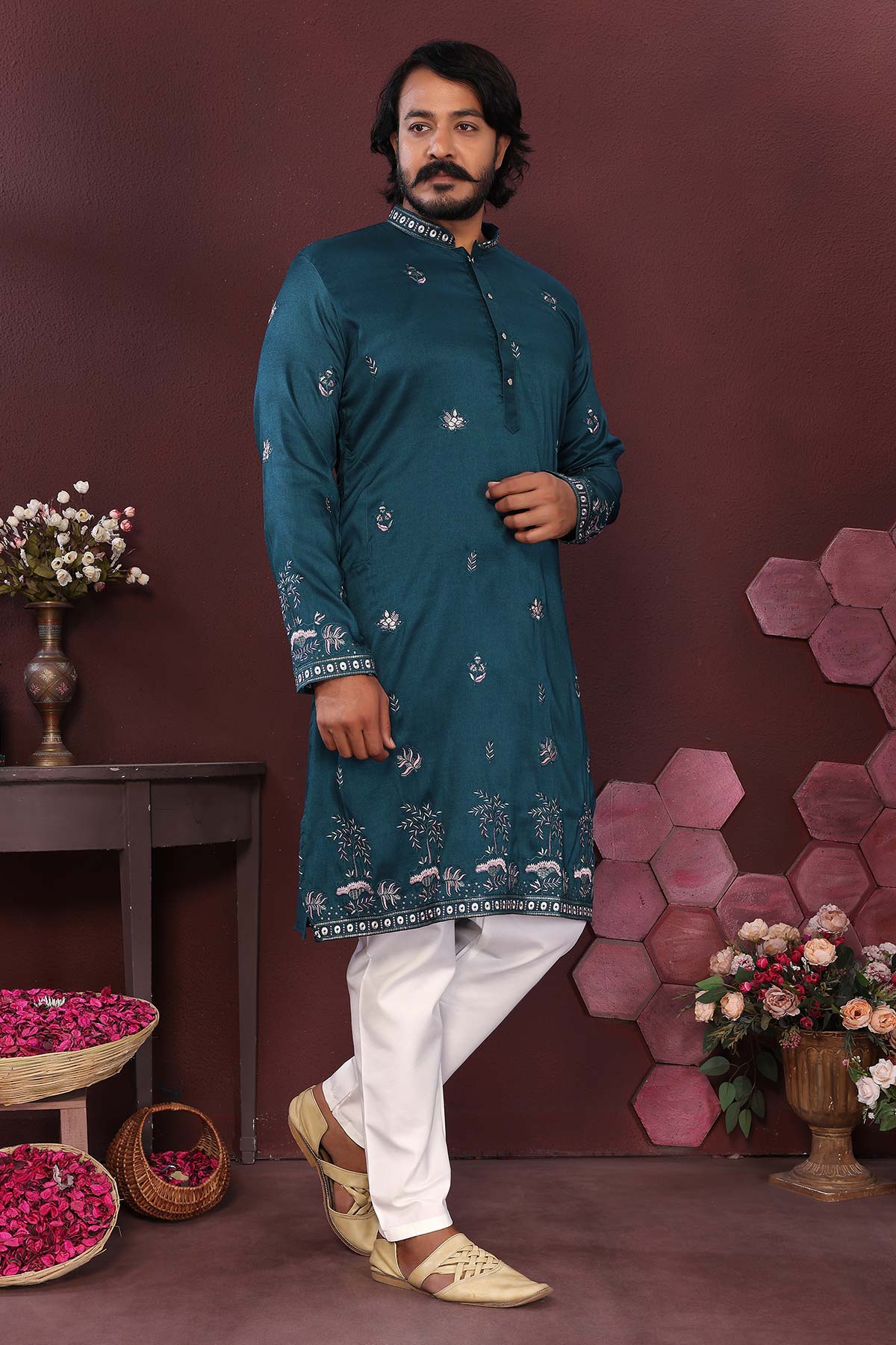 Teal Silk Sequins Kurta & Pants