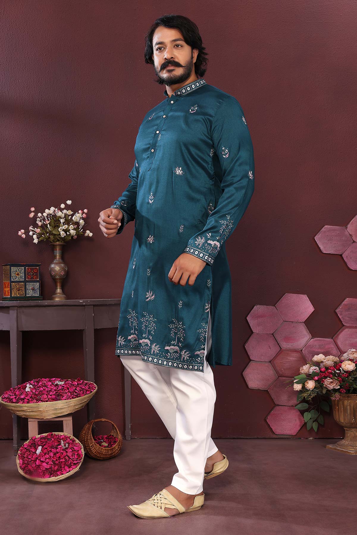 Teal Silk Sequins Kurta & Pants