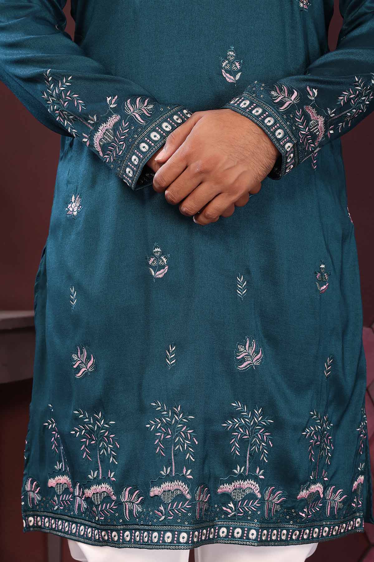 Teal Silk Sequins Kurta & Pants