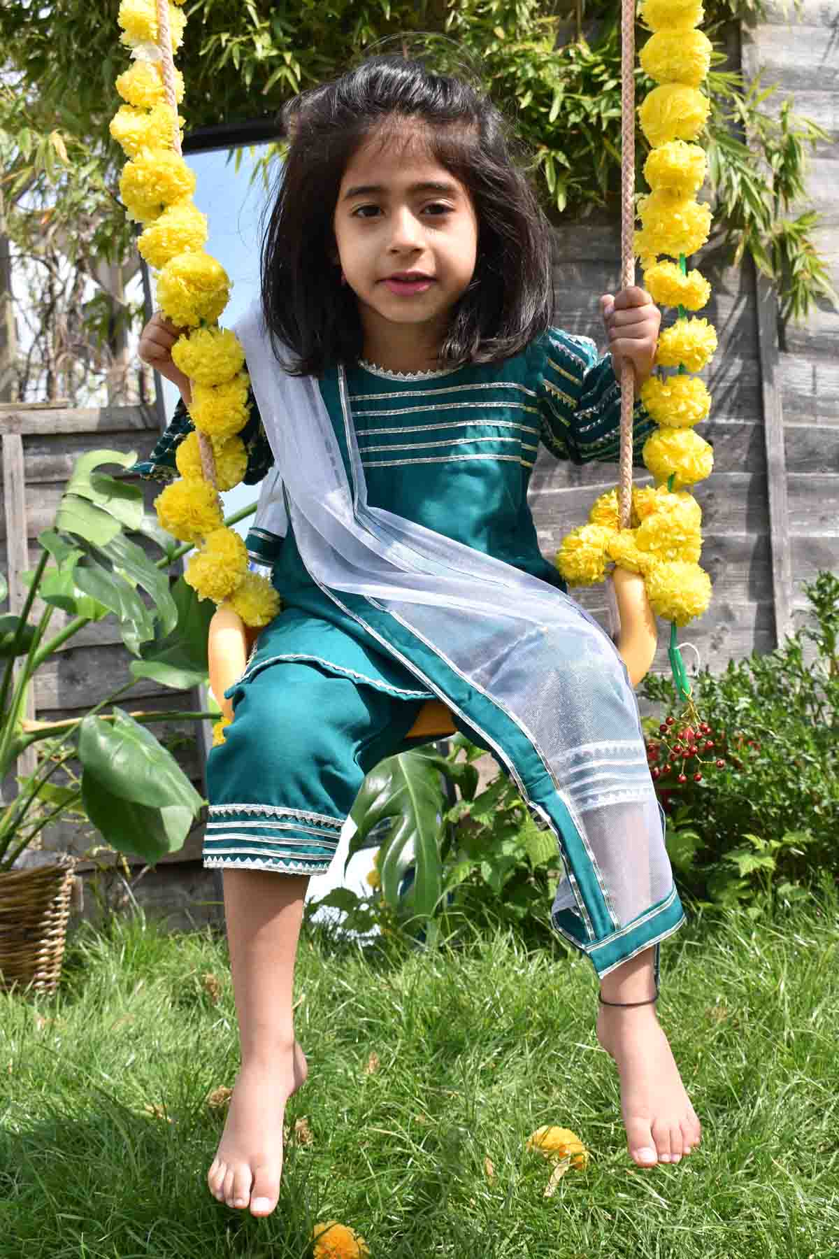 Designer ViYa Teal Silver Lace Embellished Kurta Set For Kids Available online at ScrollnShops