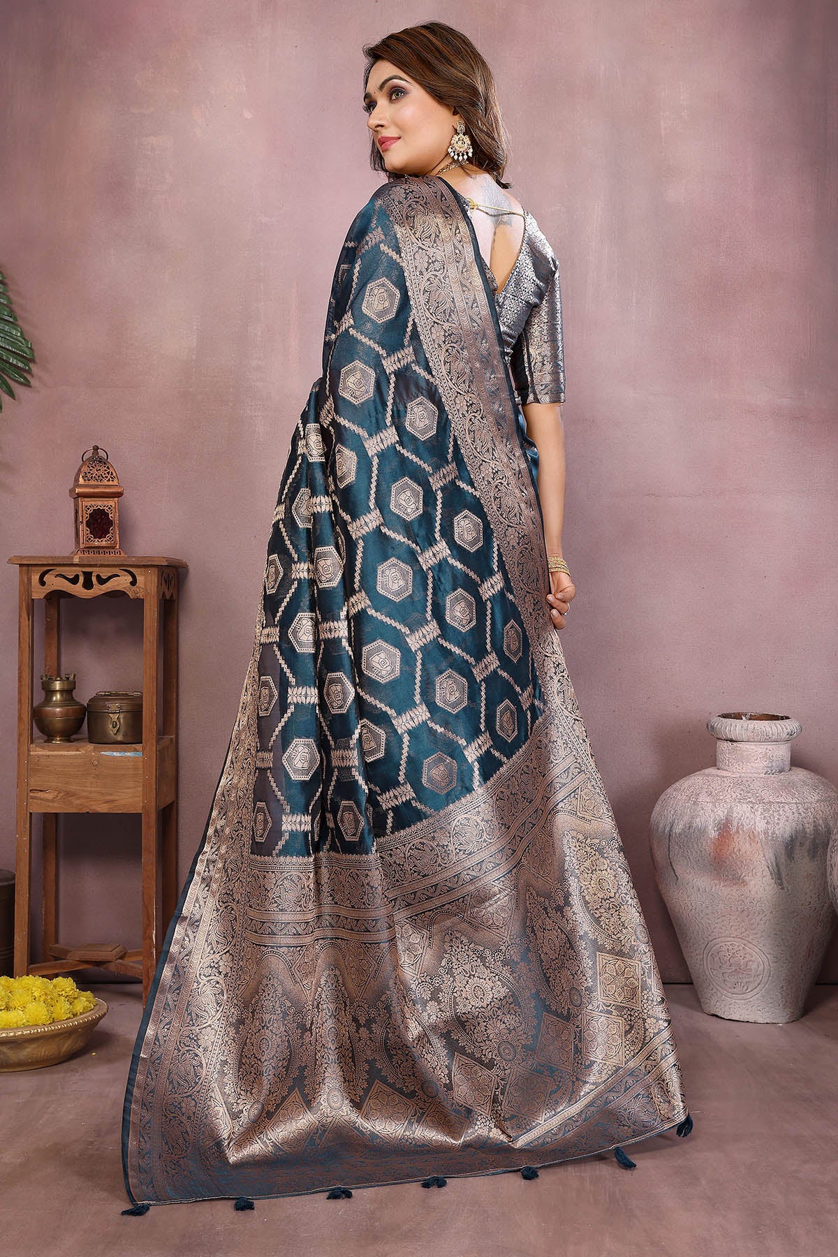Teal Soft Organza Fancy Saree