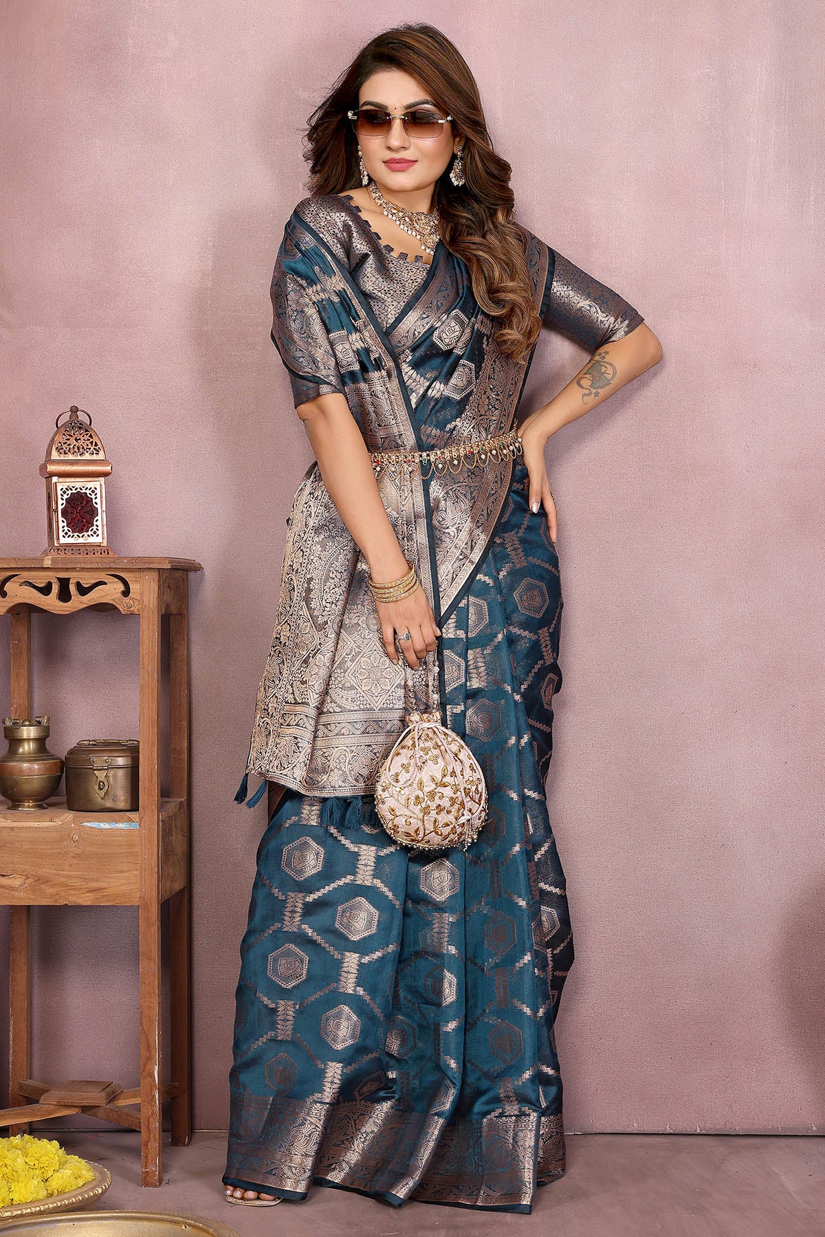 Teal Soft Organza Fancy Saree