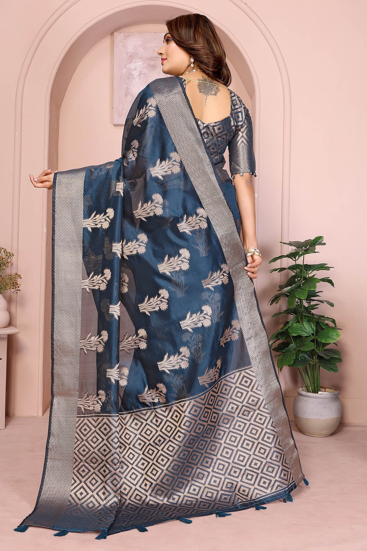 Teal Soft Organza Weaving Saree