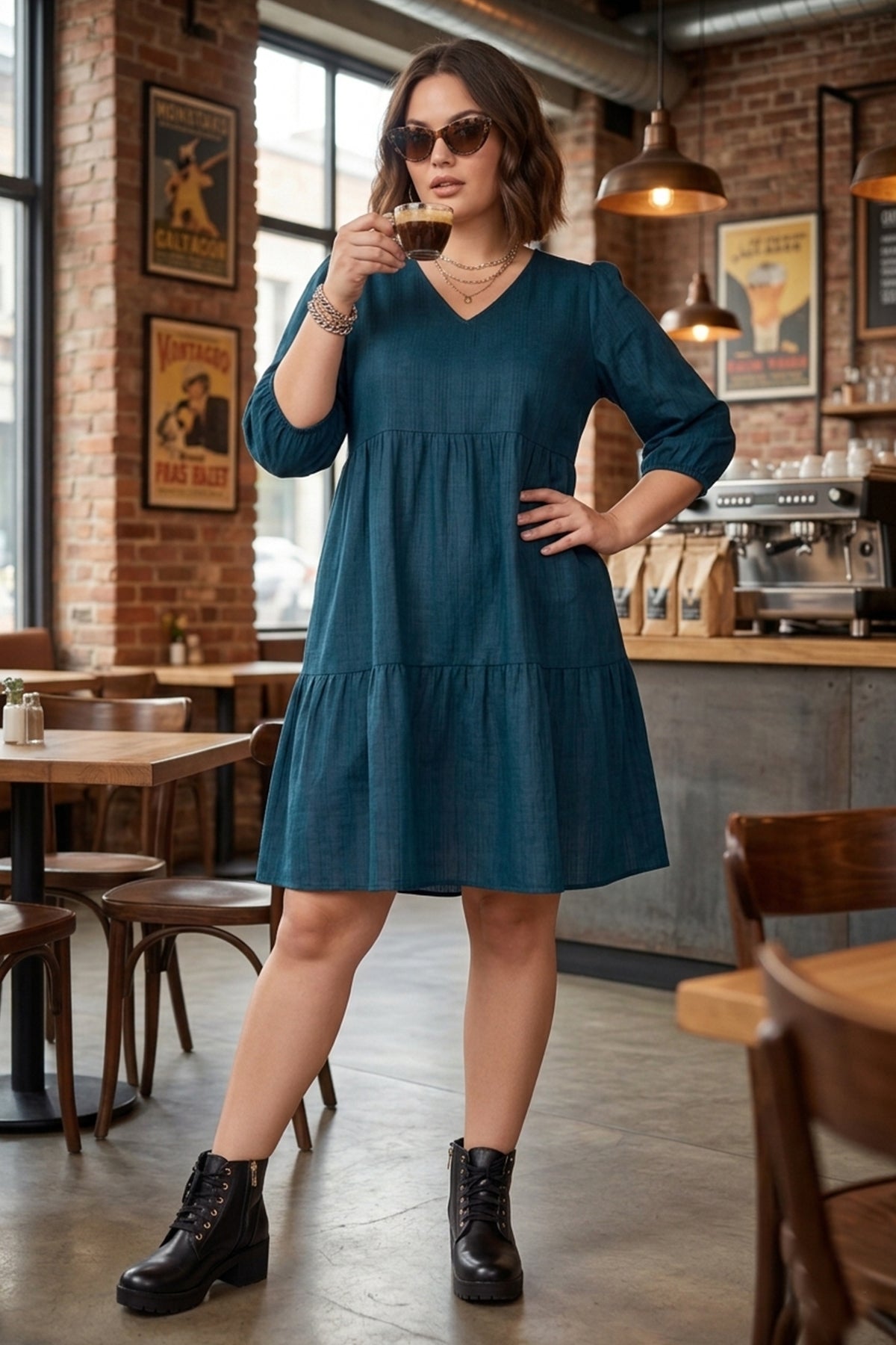 Teal Tier Weave Texture Dress