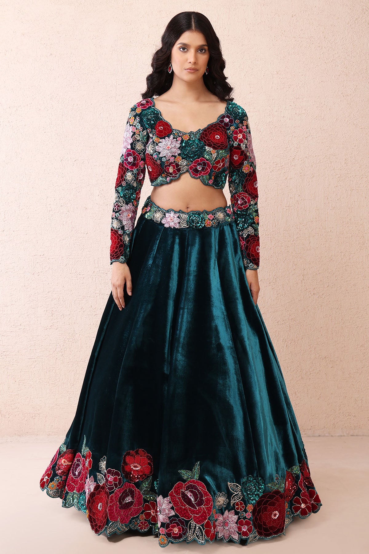 Teal Velvet Rose Lehenga Set