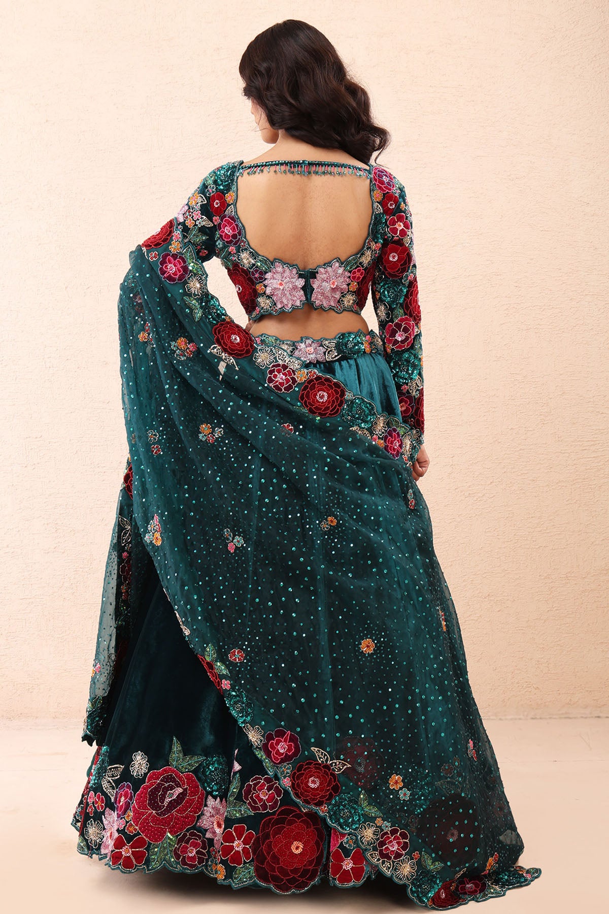 Teal Velvet Rose Lehenga Set