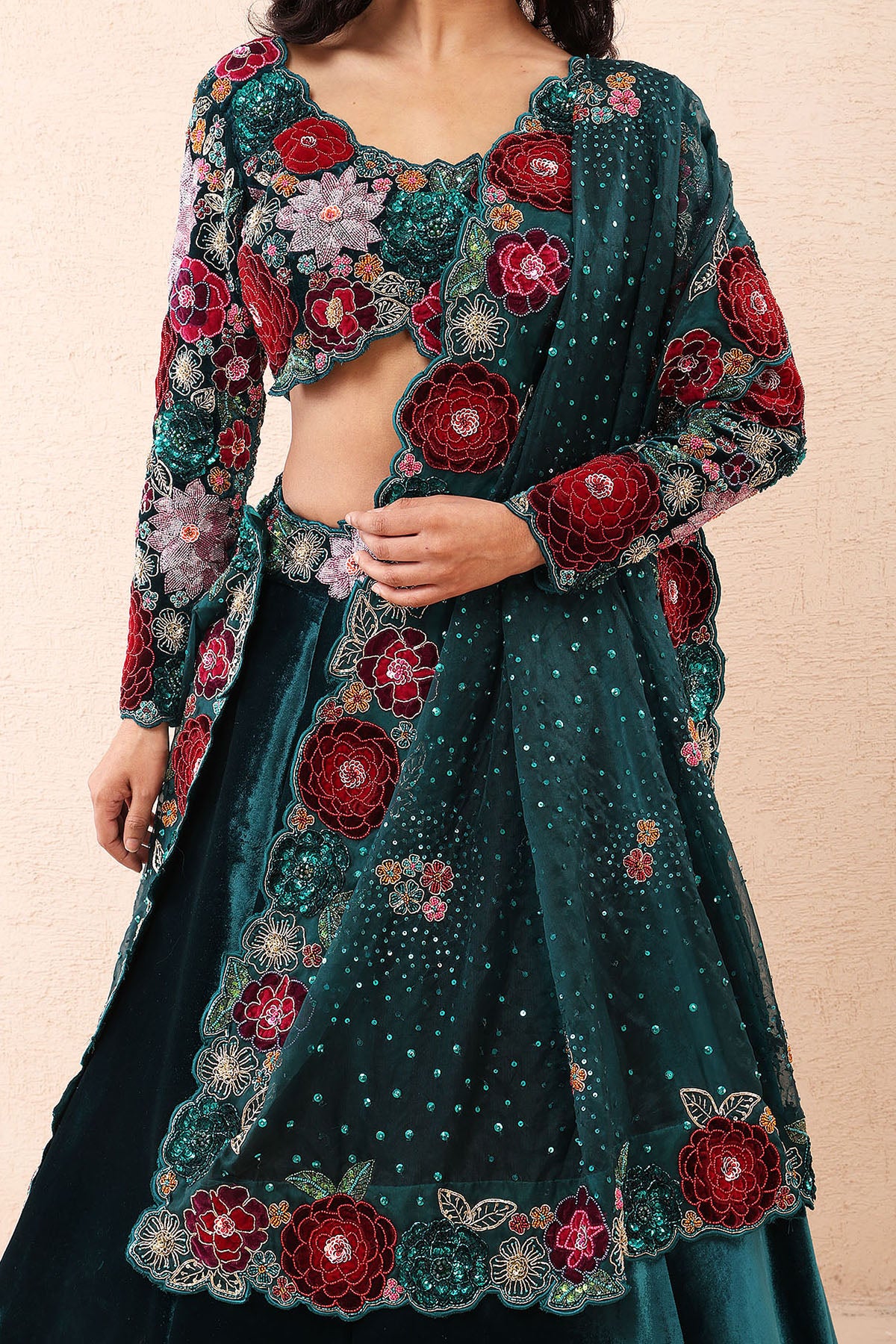 Teal Velvet Rose Lehenga Set