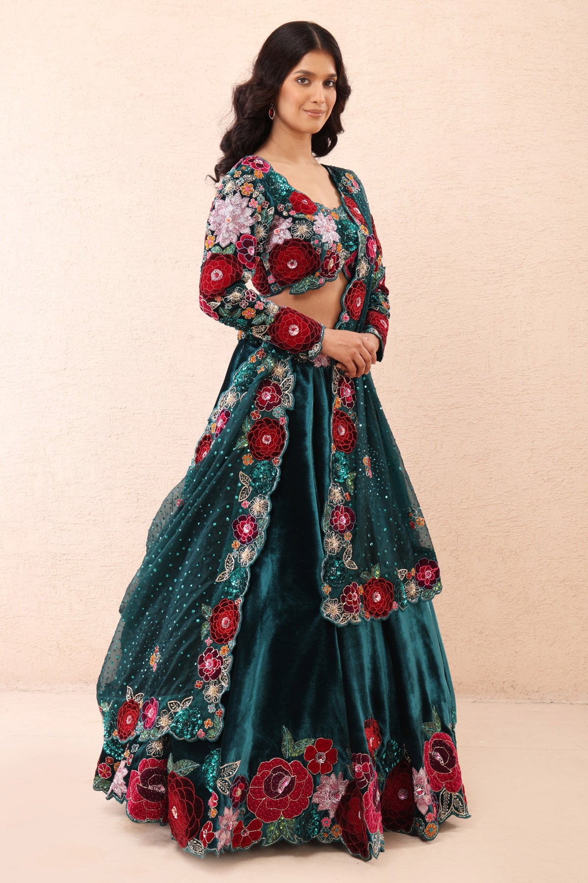 Teal Velvet Rose Lehenga Set