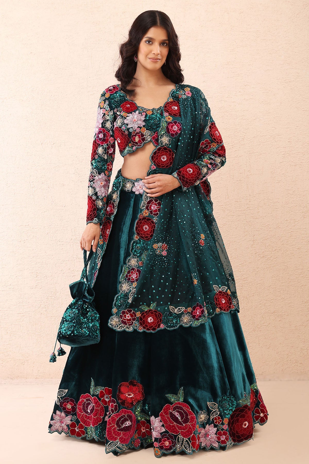 Buy Teal Velvet Rose Lehenga Set for women by Priyanka Jain online available at scrollnshops