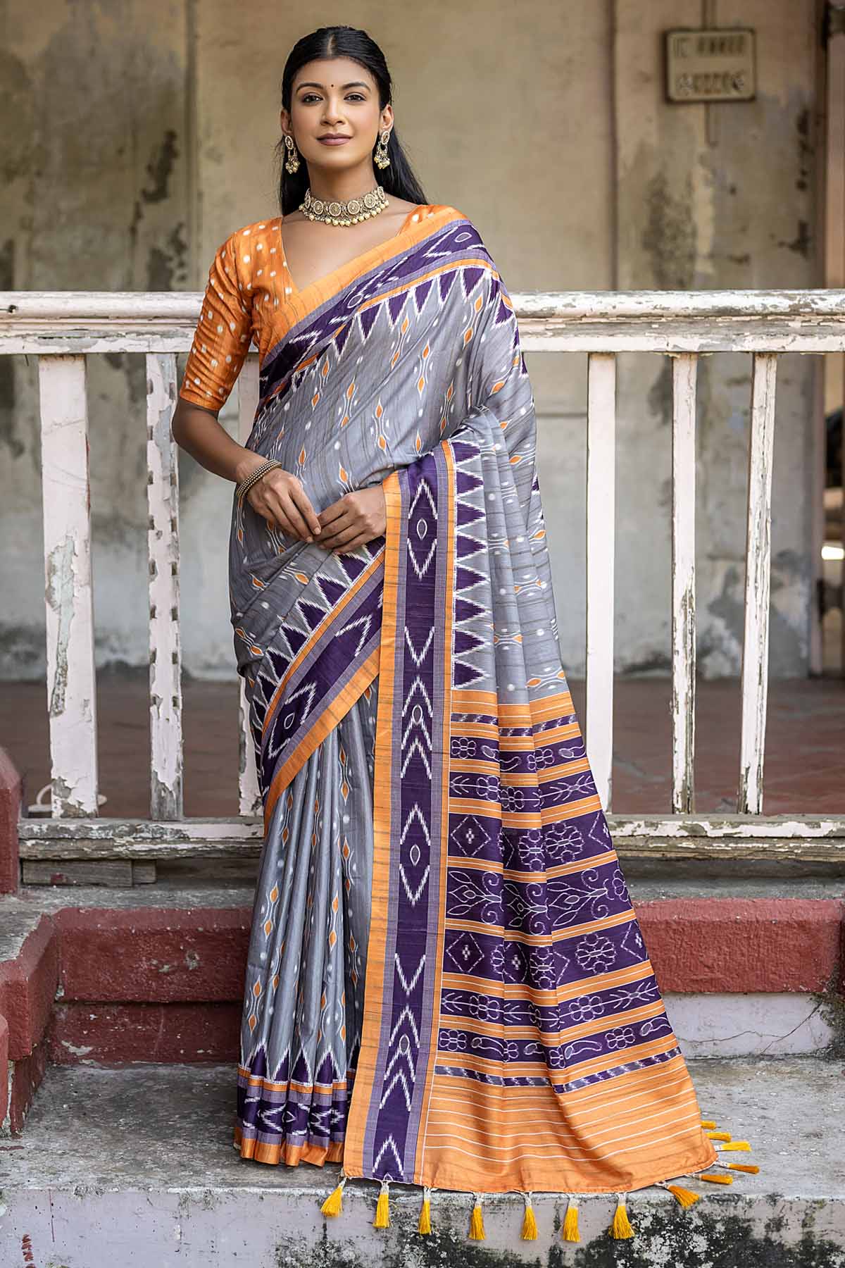 Buy Designer Temple Border Grey Saree Online