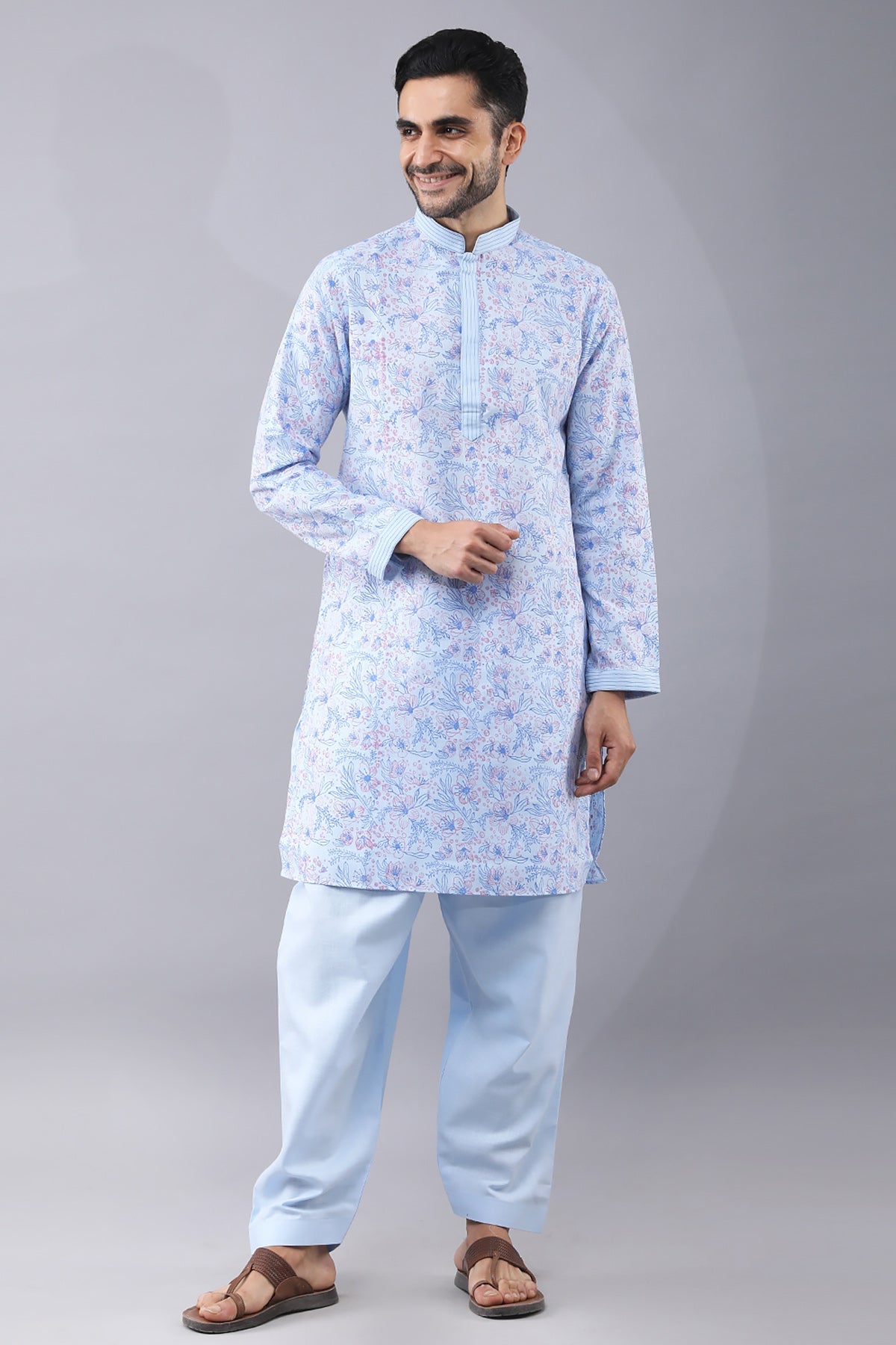 Buy Thread Work Sky Blue Kurta Set by Manish Nagdeo for Men online at ScrollnShops