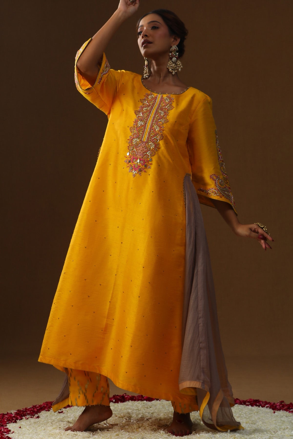 Buy Thread Work Yellow Kurta Set for women by Arpita Sulakshana online available at scrollnshops