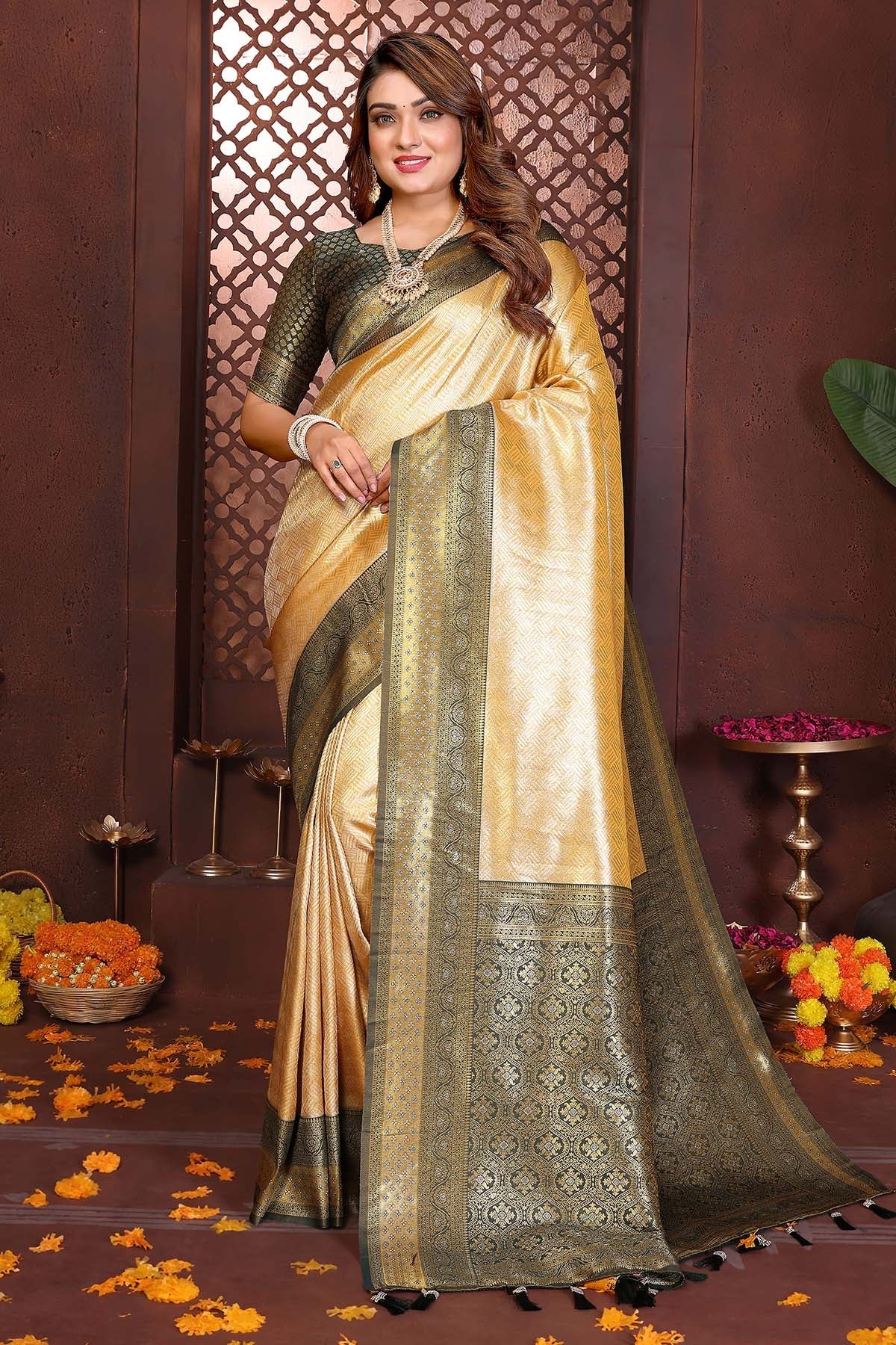 Buy Tissue Silk Fancy Cream Saree for women by Aastha Fashion online available at scrollnshops