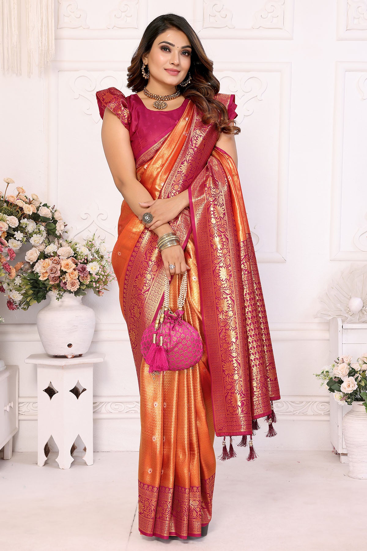 Tissue Silk Fancy Orange Saree