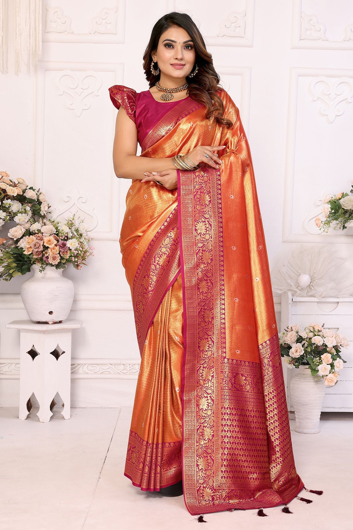 Buy Tissue Silk Fancy Orange Saree for women by Aastha Fashion online available at scrollnshops