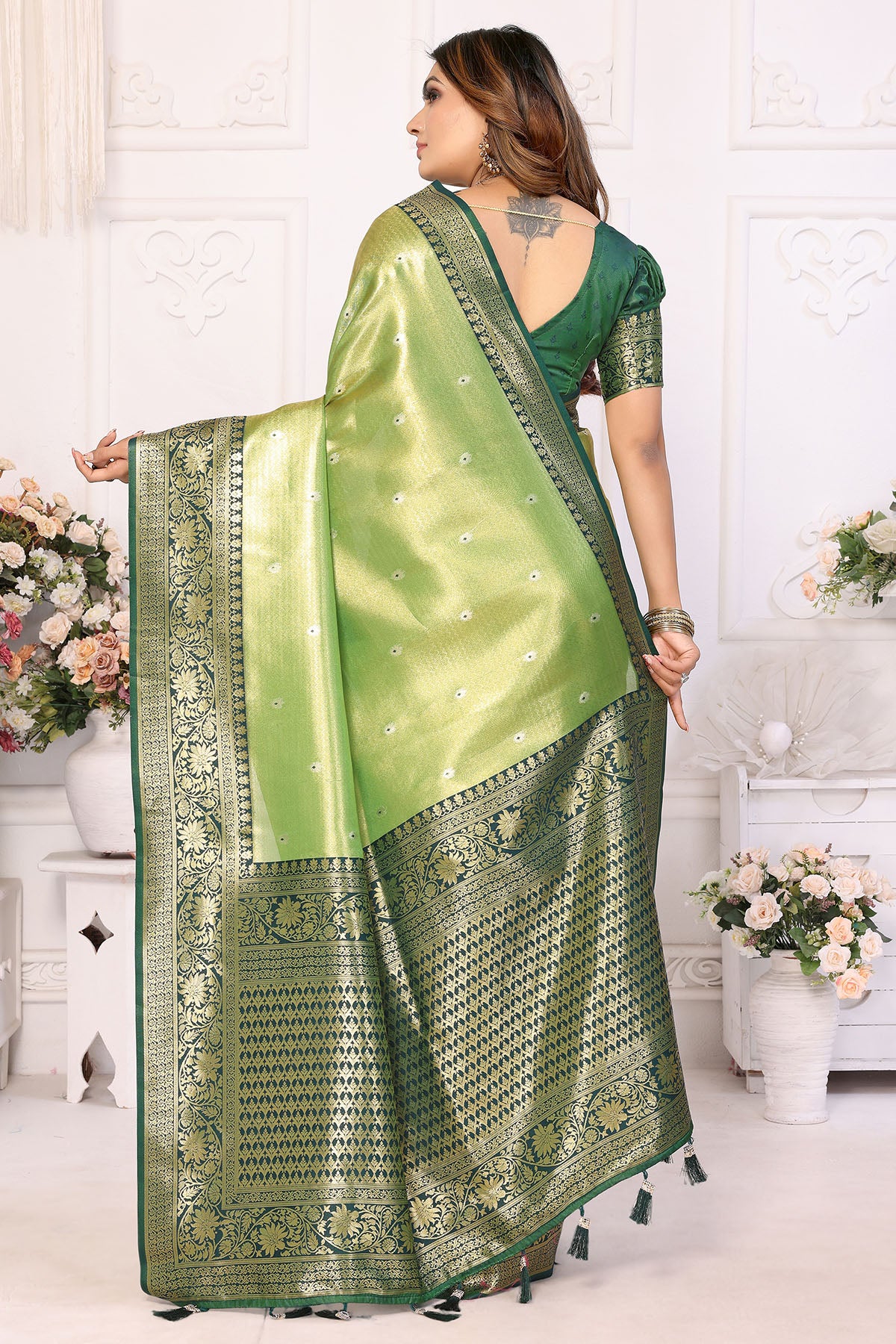 Tissue Silk Fancy Pista Saree