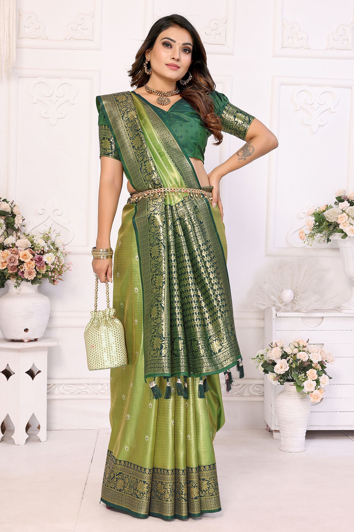 Tissue Silk Fancy Pista Saree