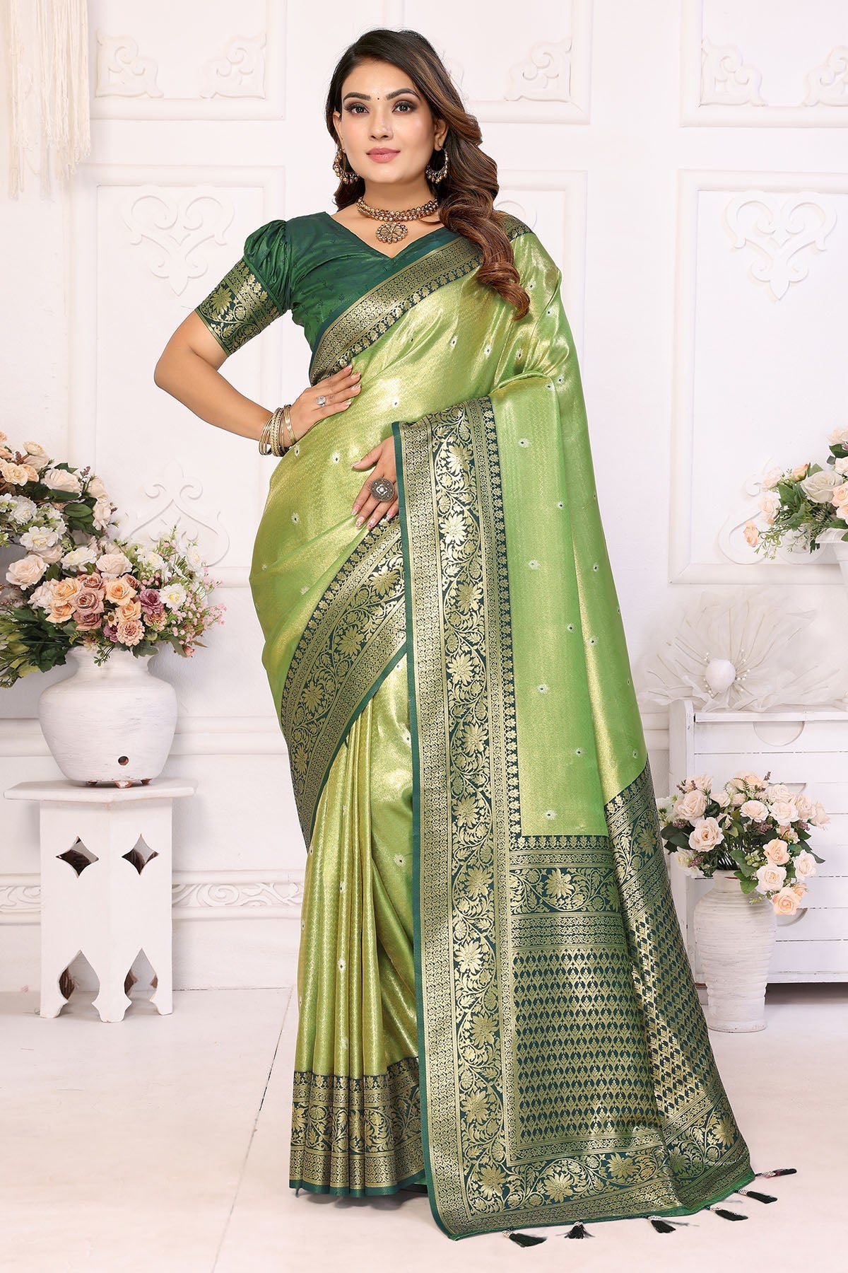 Buy Tissue Silk Fancy Pista Saree for women by Aastha Fashion online available at scrollnshops
