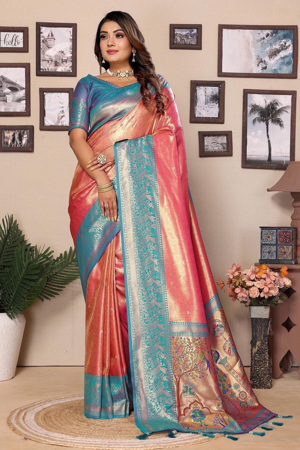 Buy Tissue Silk Weaving Pink Saree for women by Aastha Fashion online available at scrollnshops