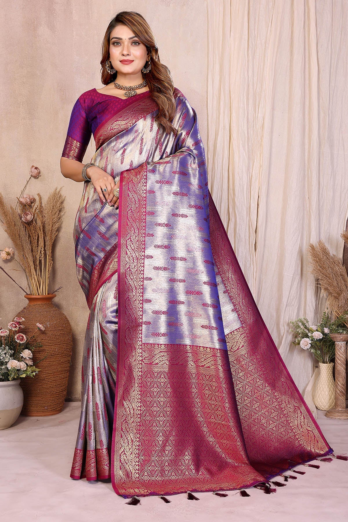 Buy Tissue Silk Woven Purple Saree for women by Aastha Fashion online available at scrollnshops