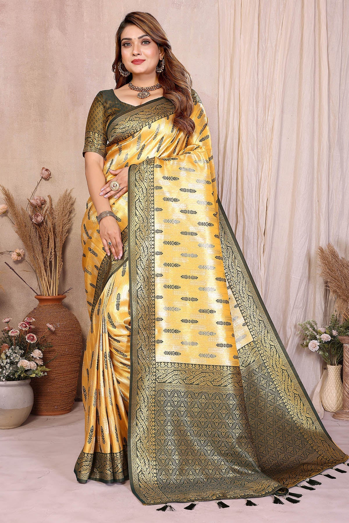 Buy Tissue Silk Woven Yellow Saree for women by Aastha Fashion online available at scrollnshops
