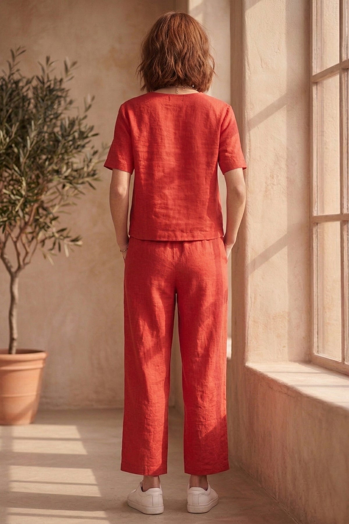 Tomato Red Cotton Linen Pant