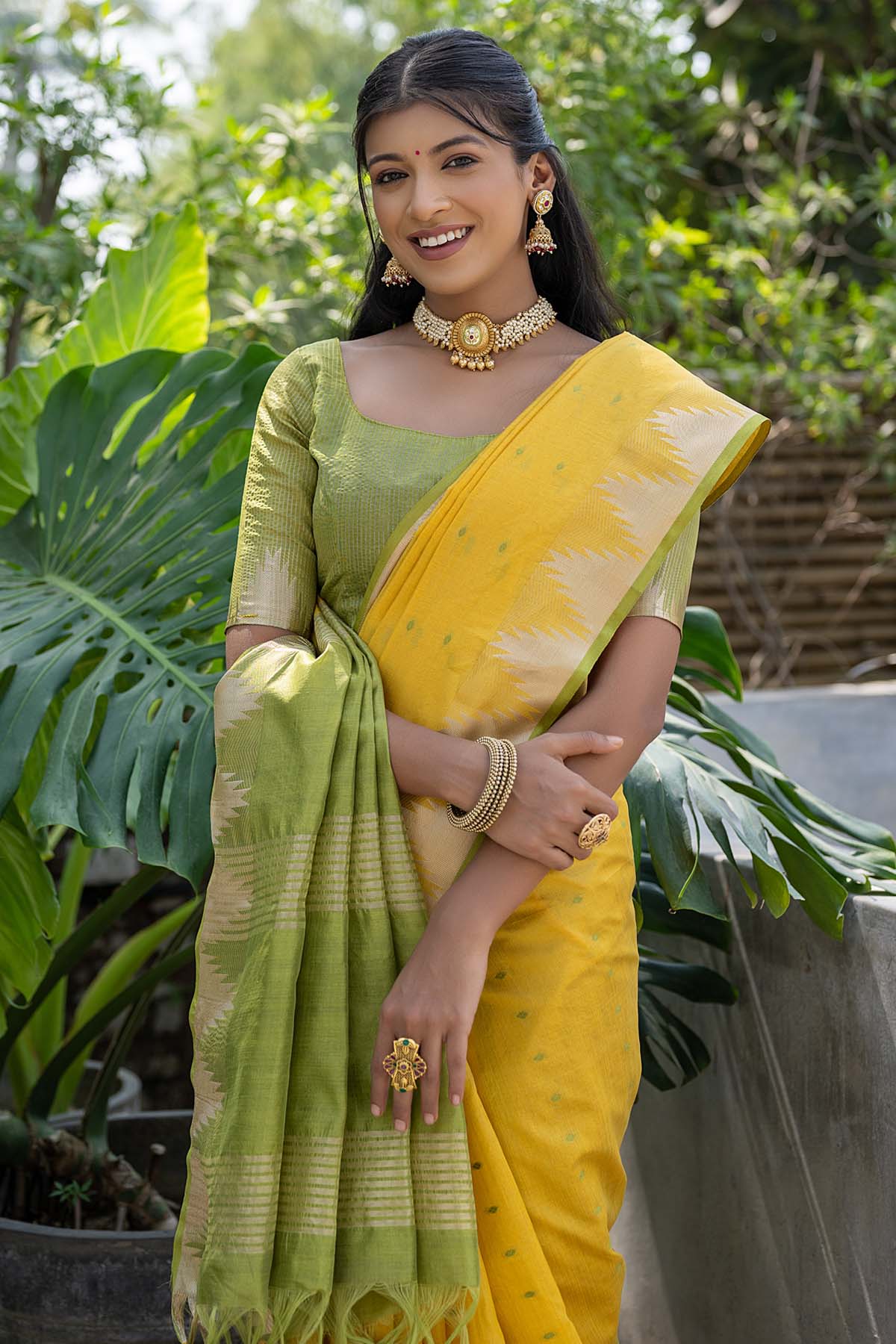 Triangle Border Yellow Saree