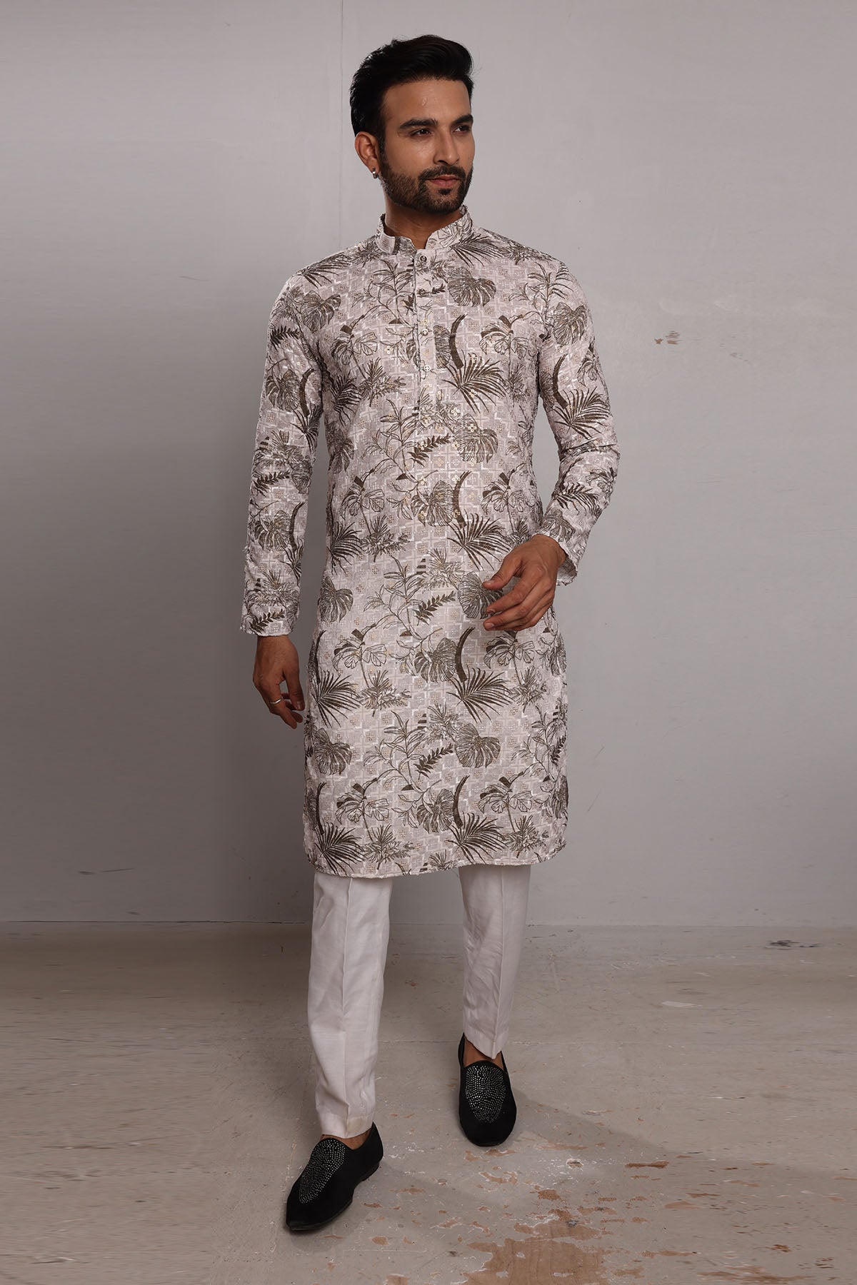 Tropical Embroidered Silk Kurta