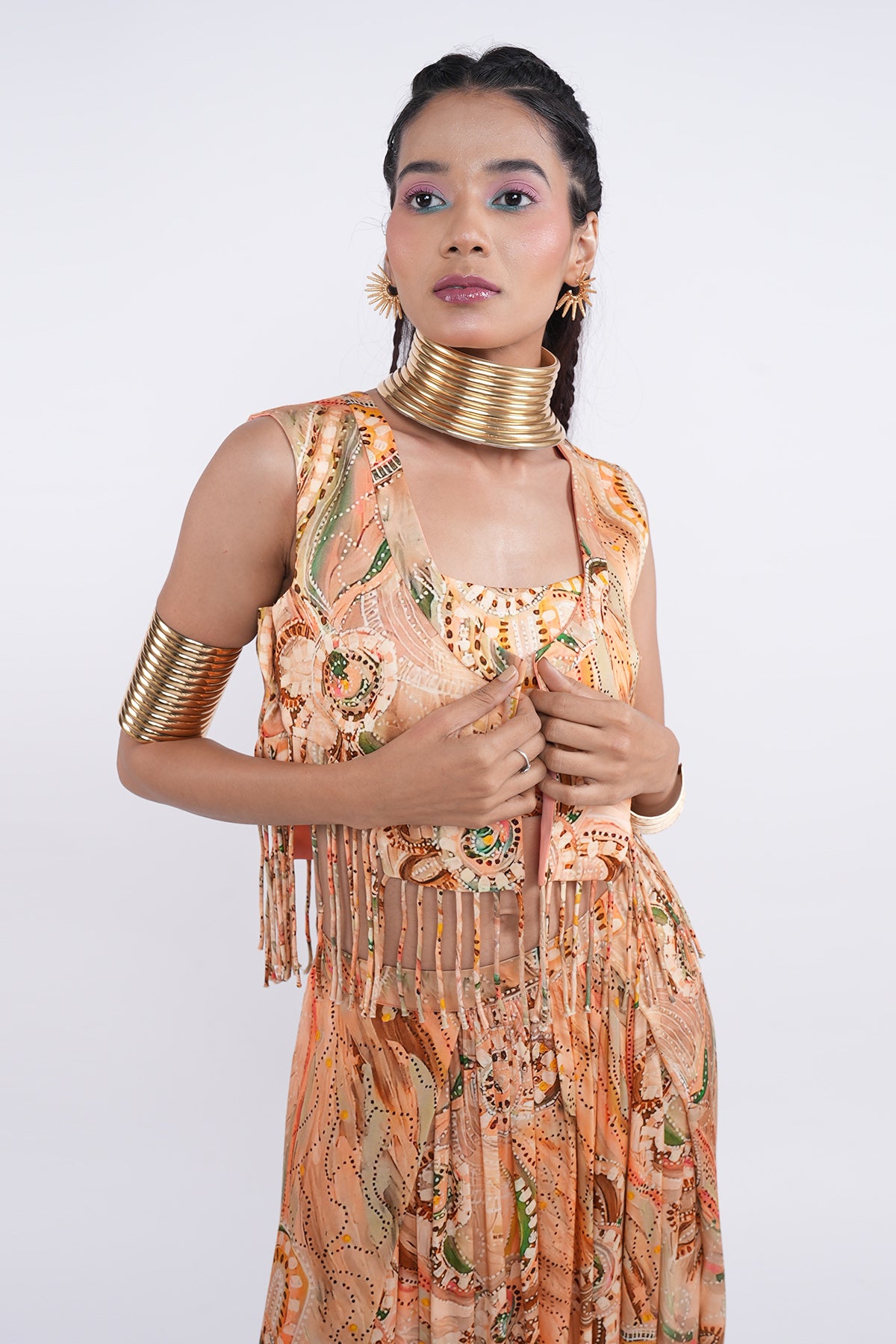 Tropical Peach Draped Dhoti Set