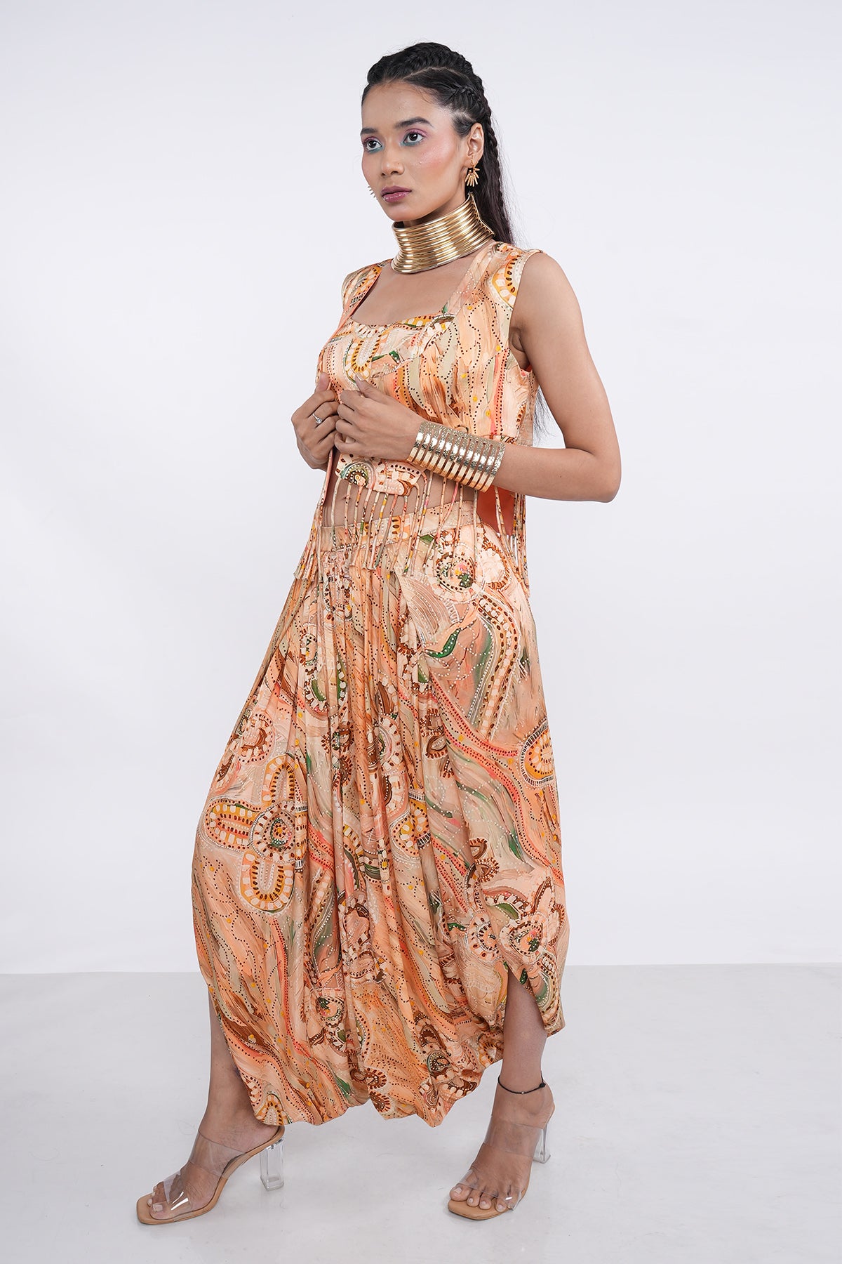 Tropical Peach Draped Dhoti Set
