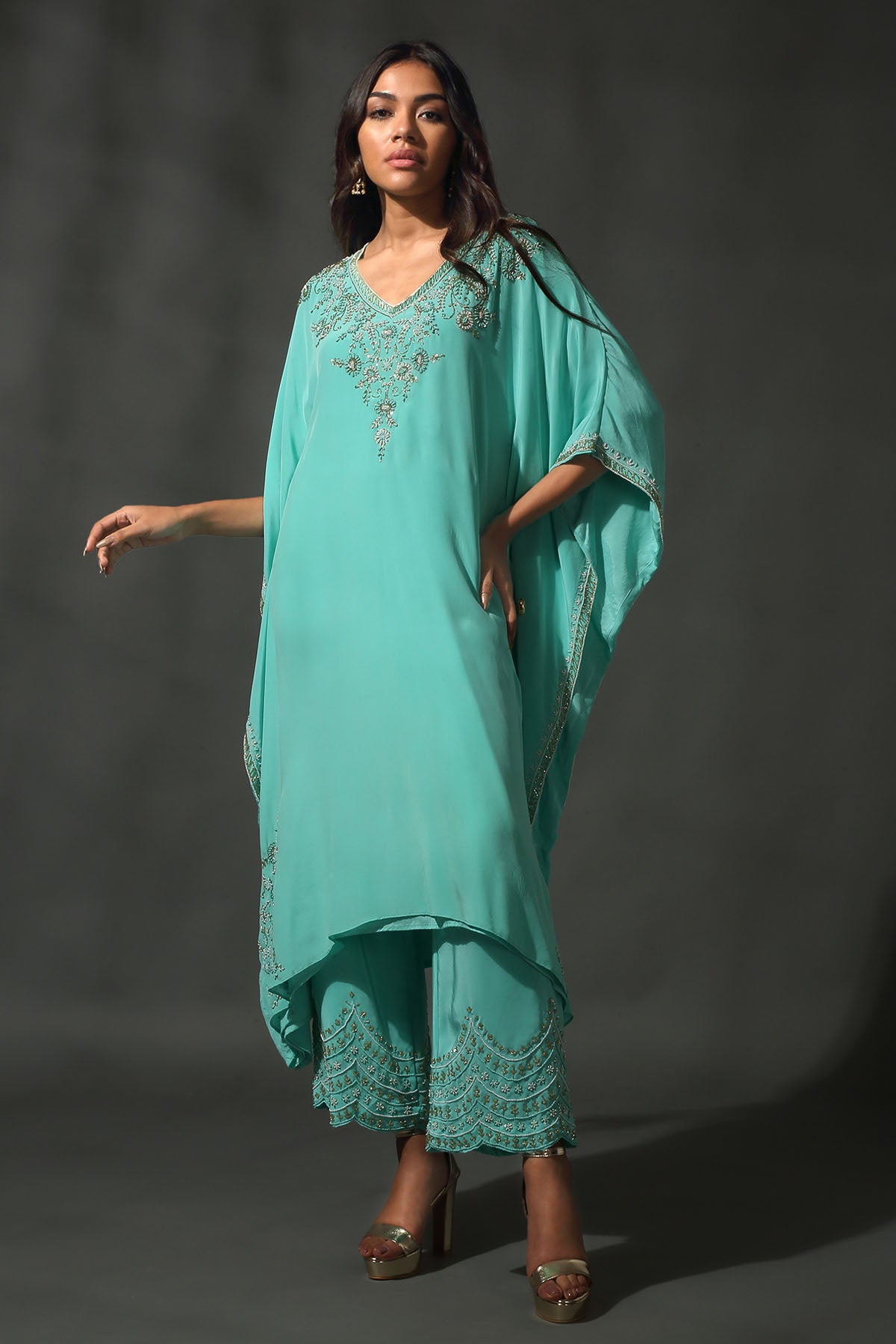 Turquoise Sequins Kaftan Set