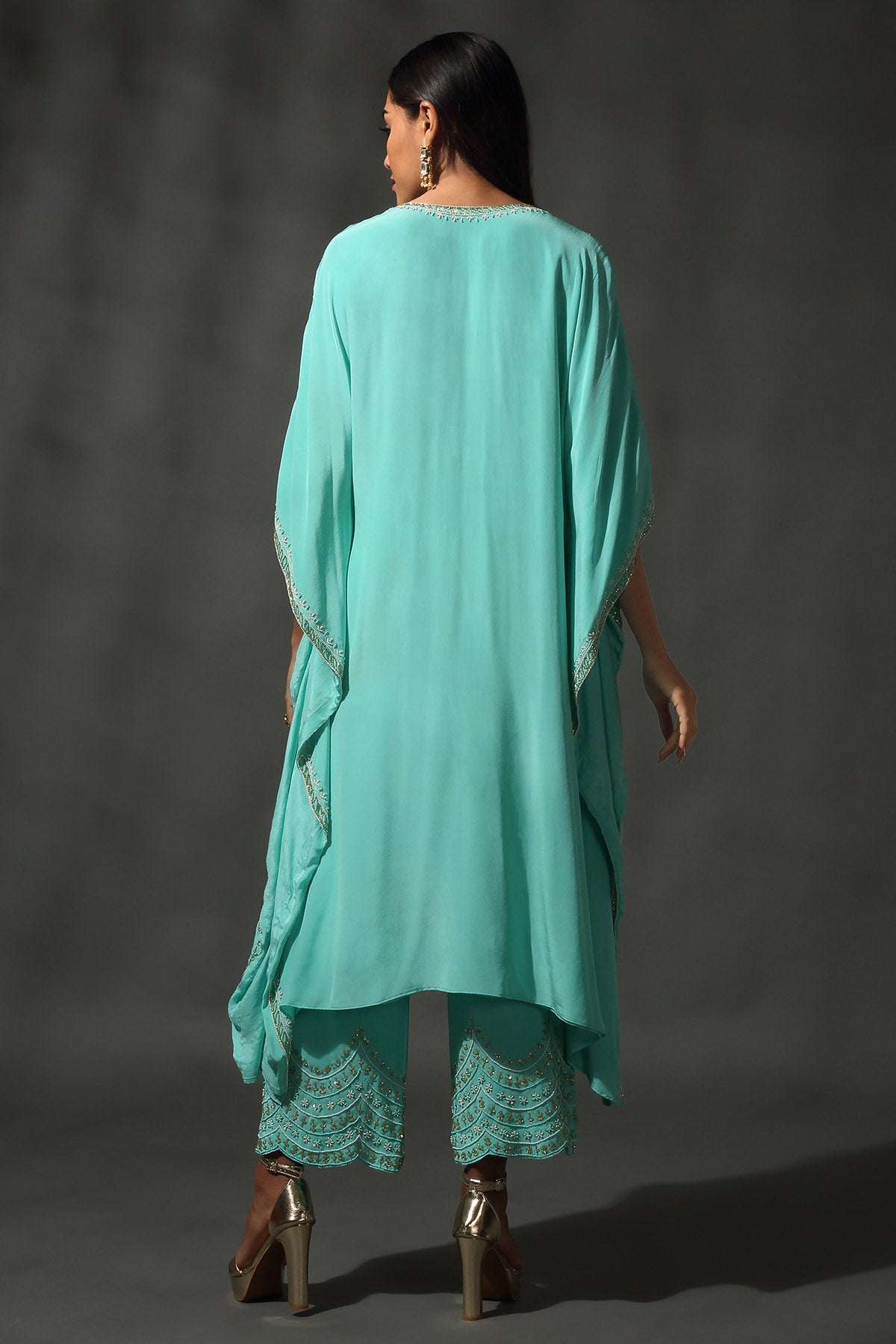 Turquoise Sequins Kaftan Set