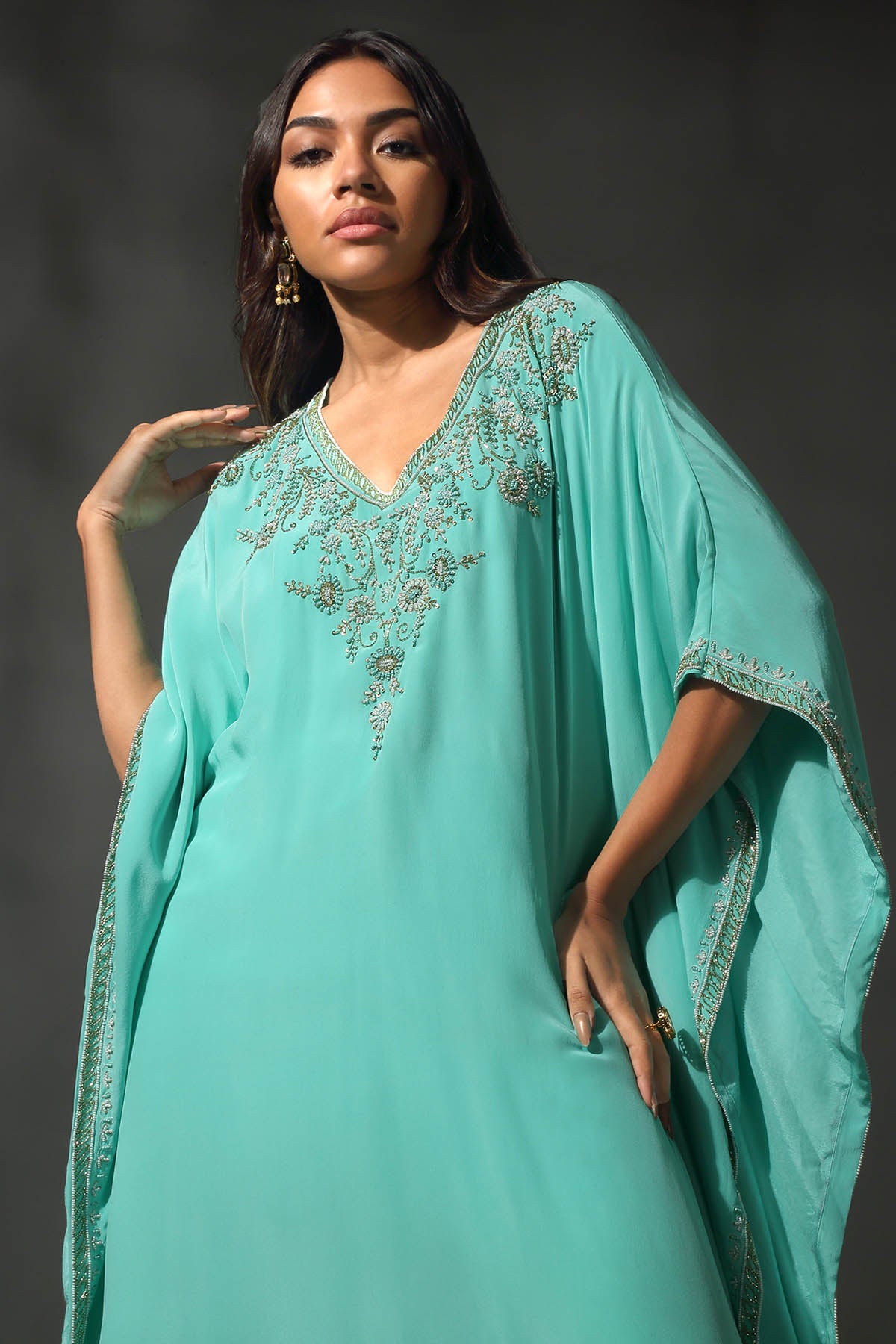 Turquoise Sequins Kaftan Set