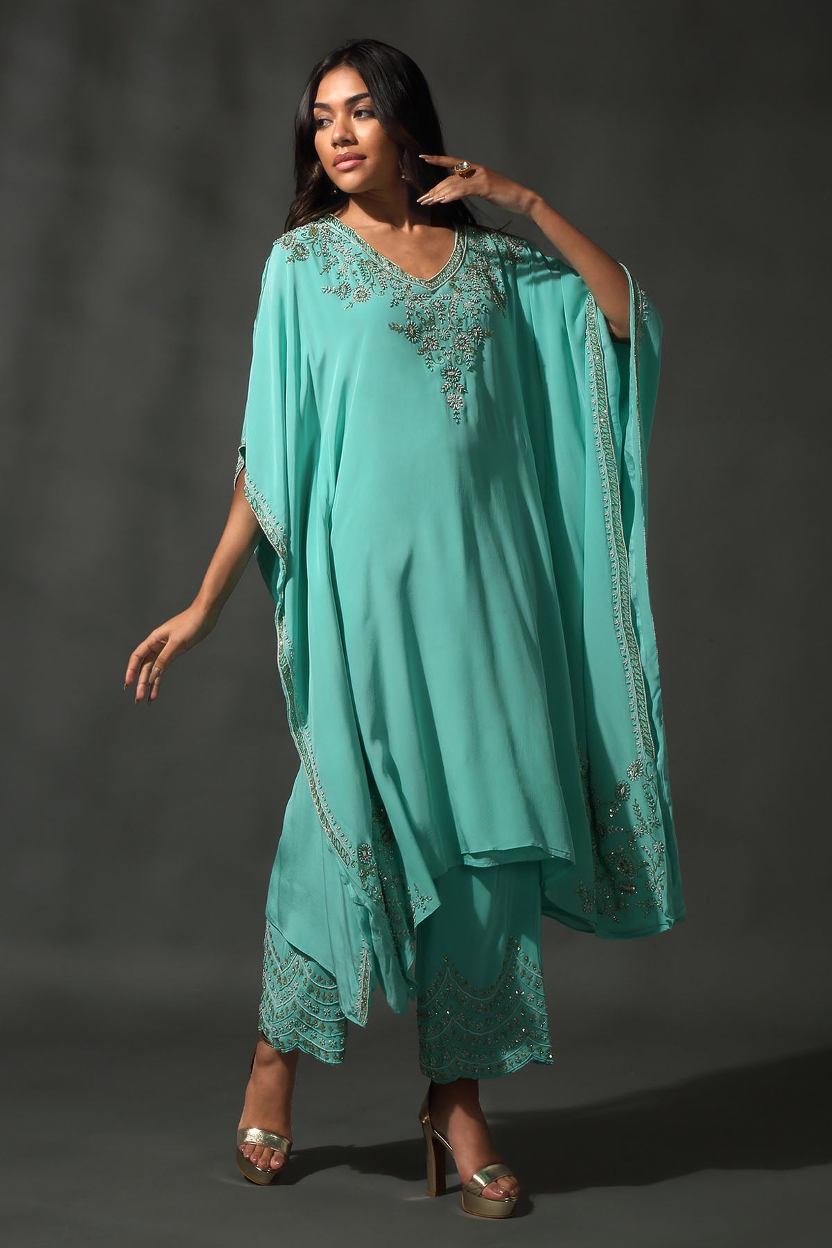 Turquoise Sequins Kaftan Set
