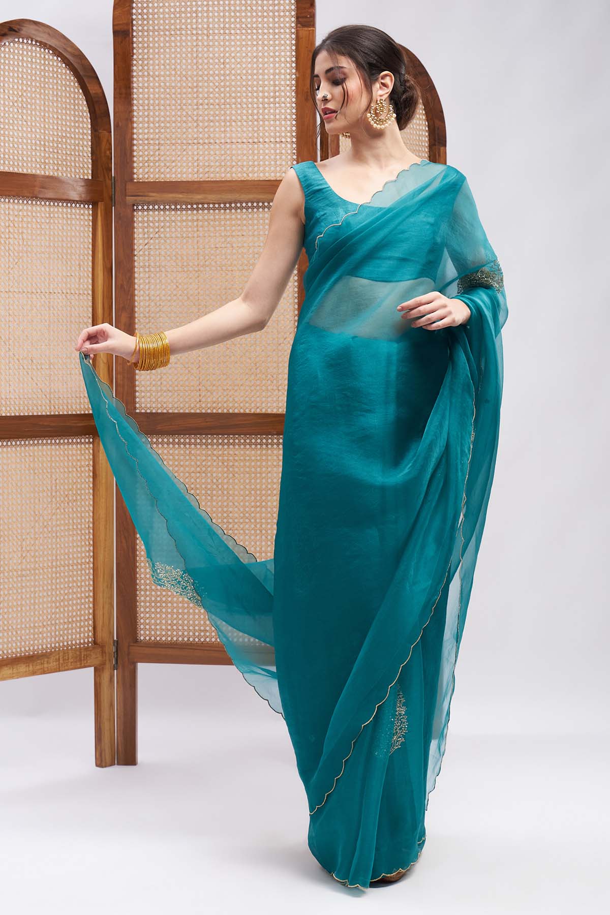 Turquoise Silk Organza Saree