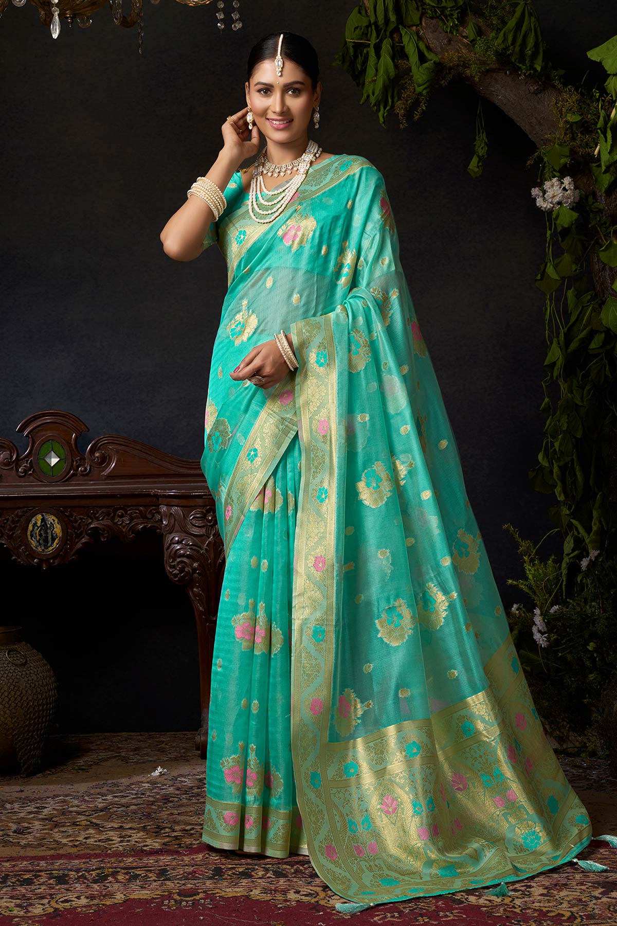 Buy Turquoise All Woven Weave Saree for women by Jyoti Fashion online available at scrollnshops