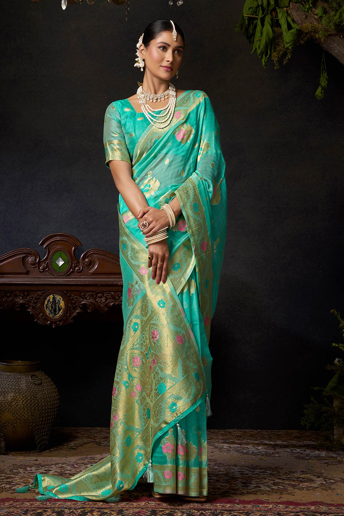 Turquoise All Woven Weave Saree