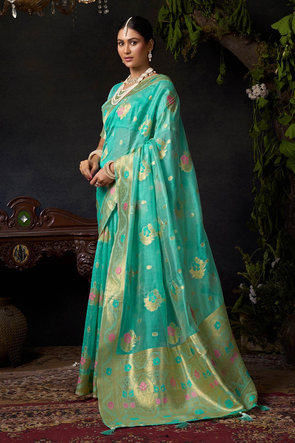 Turquoise All Woven Weave Saree