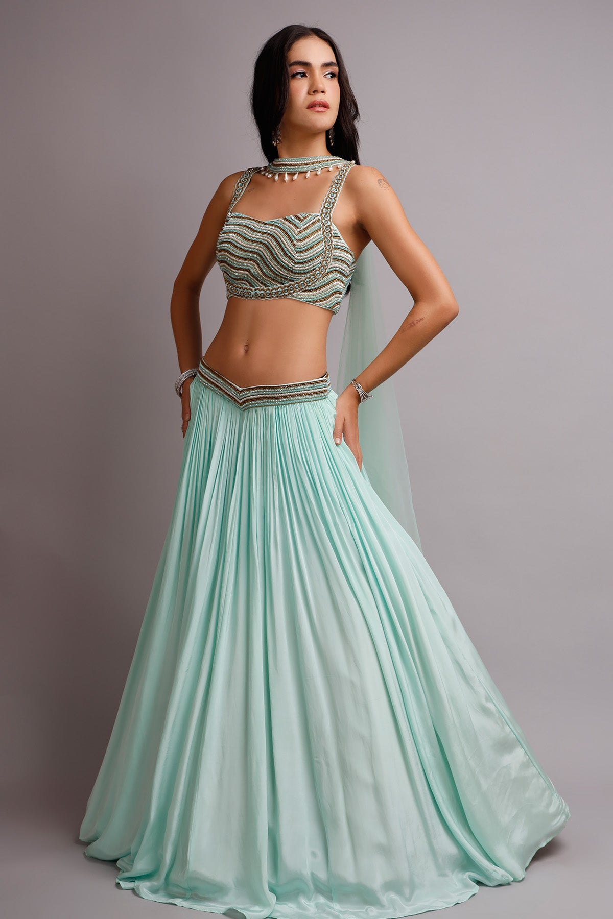 Turquoise Crystal Lehenga Set