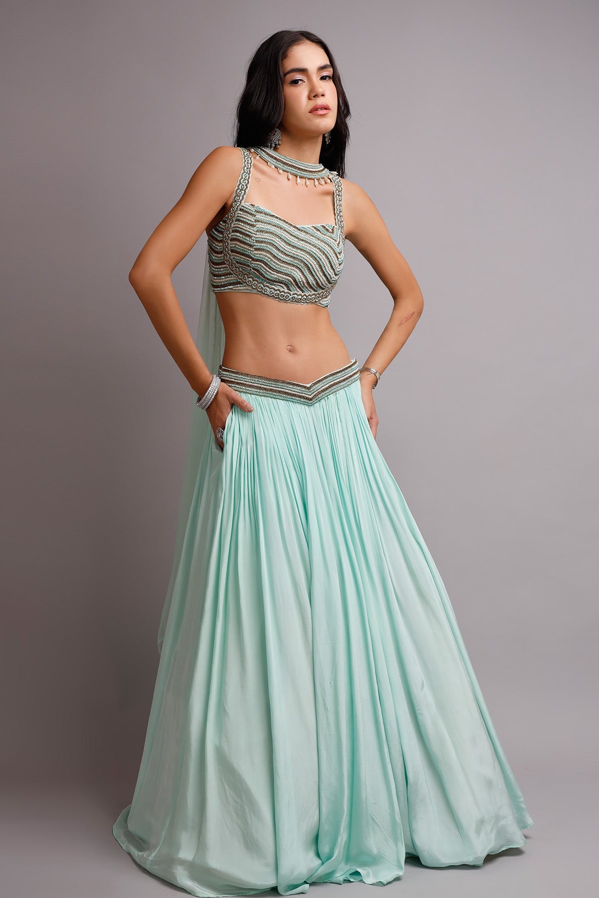 Buy Turquoise Crystal Lehenga Set by Harshita Dhanawat for women online at ScrollnShops