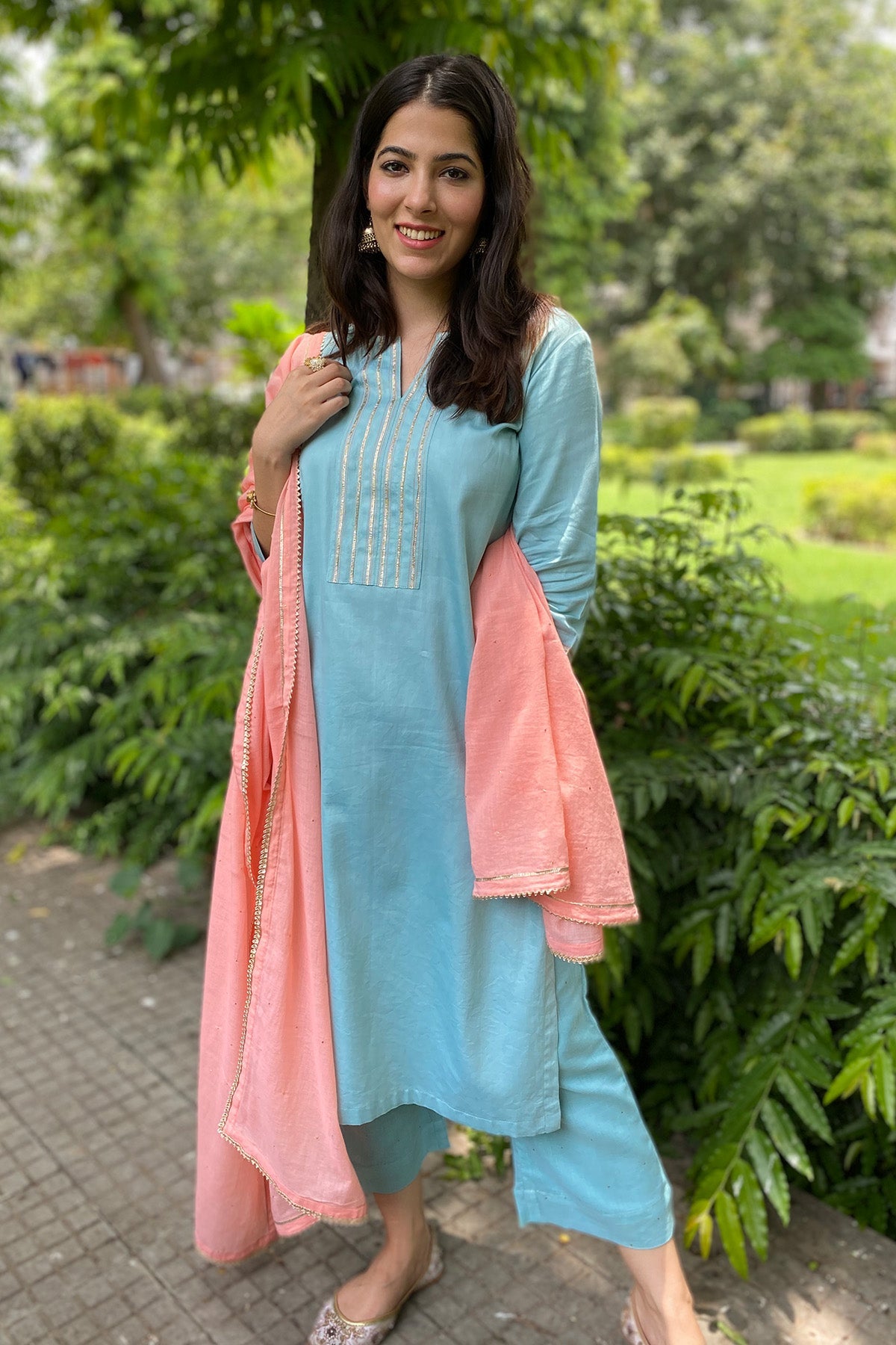 Buy Turquoise Gota Detail Kurta Set for women by The Hemming Bird online available at scrollnshops