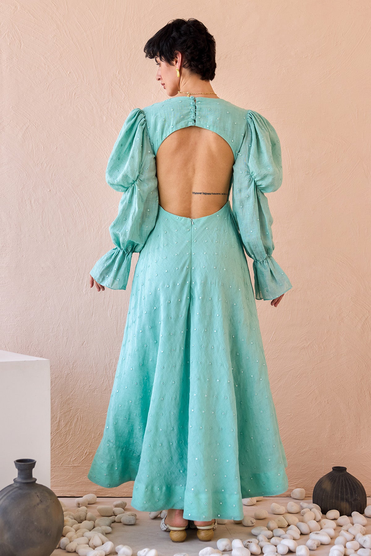 Turquoise Mirror Work Midi Dress