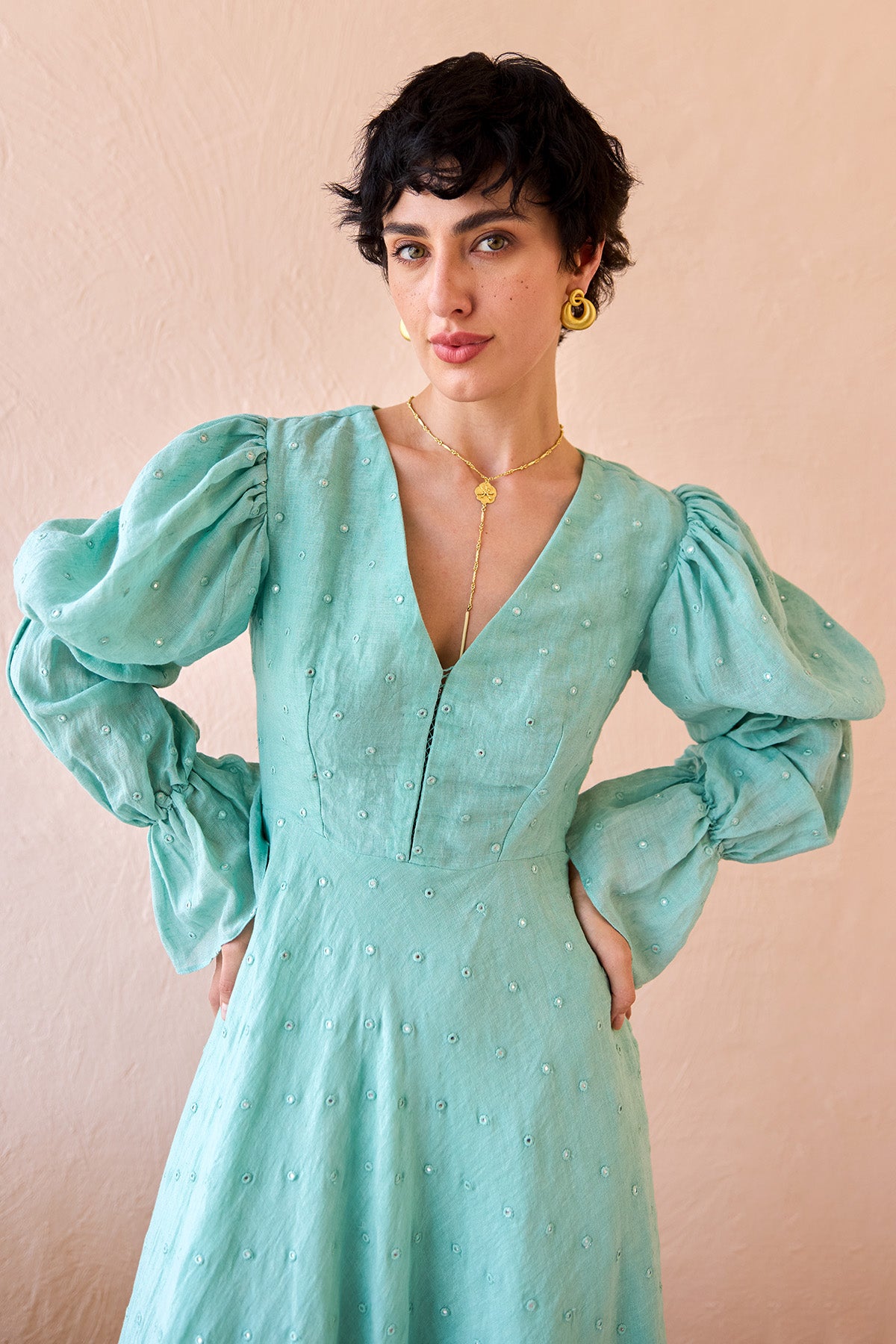 midi turquoise dress women 21471 | Teresa Dawn, Turquois, Midi Dress with Pockets and Long Sleeves - made fresh | Shop Frazer Living Athleisure Clothing