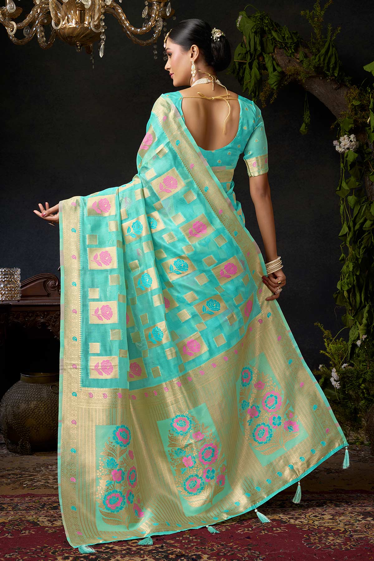 Turquoise Organza Khadi Saree
